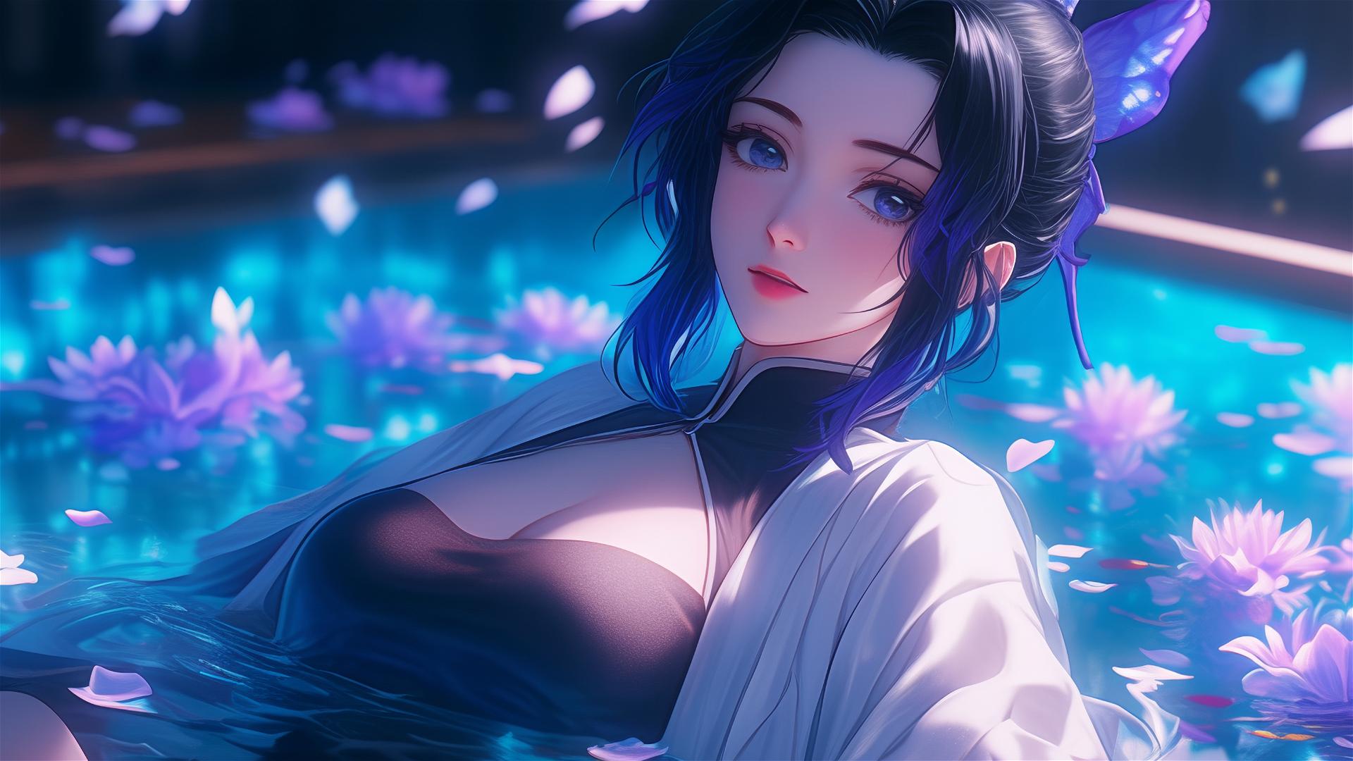 Shinobu Kocho from Demon Slayer in cheongsam inside a floral tub at a Chinese spa.
