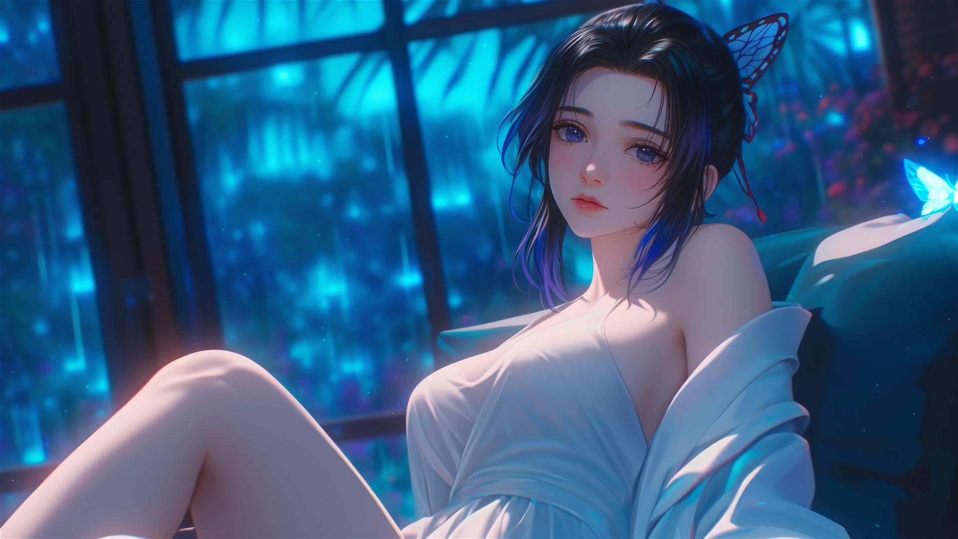 Shinobu Kocho from Demon Slayer resting in modern hotel room under moonlight