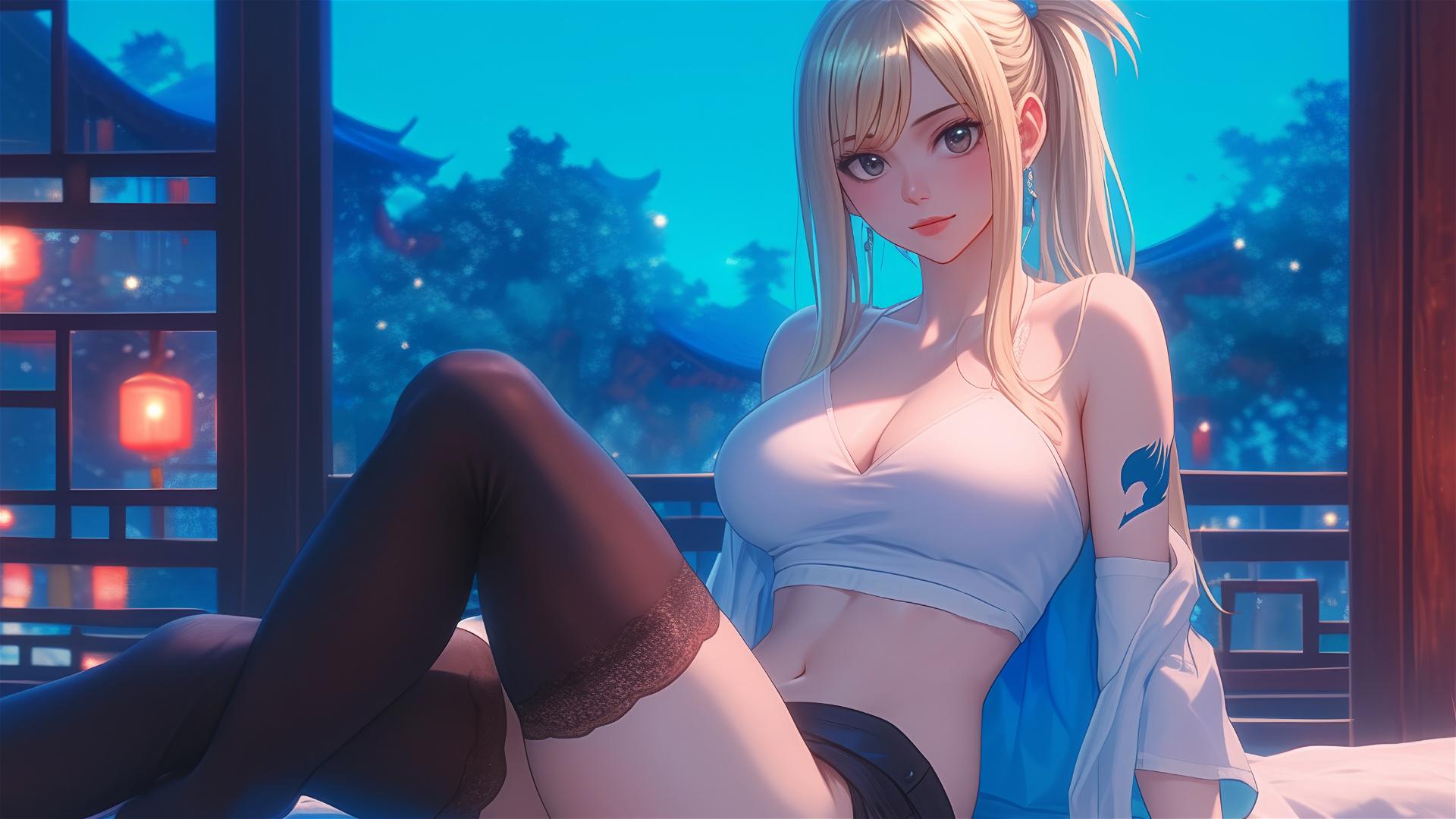 Lucy Heartfilia from Fairy Tail resting in a modern hotel room with moonlight glow