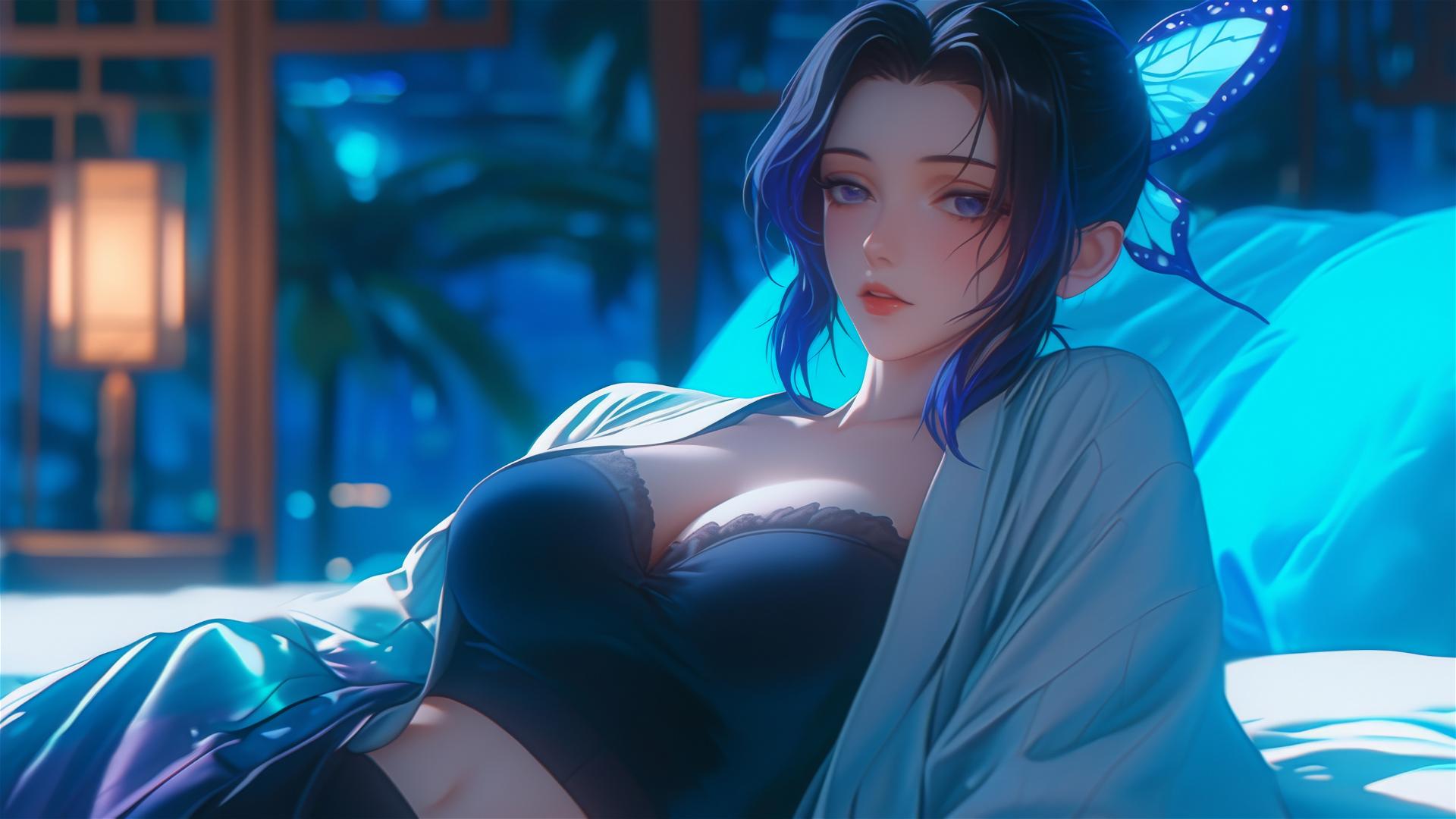 Shinobu Kocho from Demon Slayer resting in a modern hotel room under moonlight
