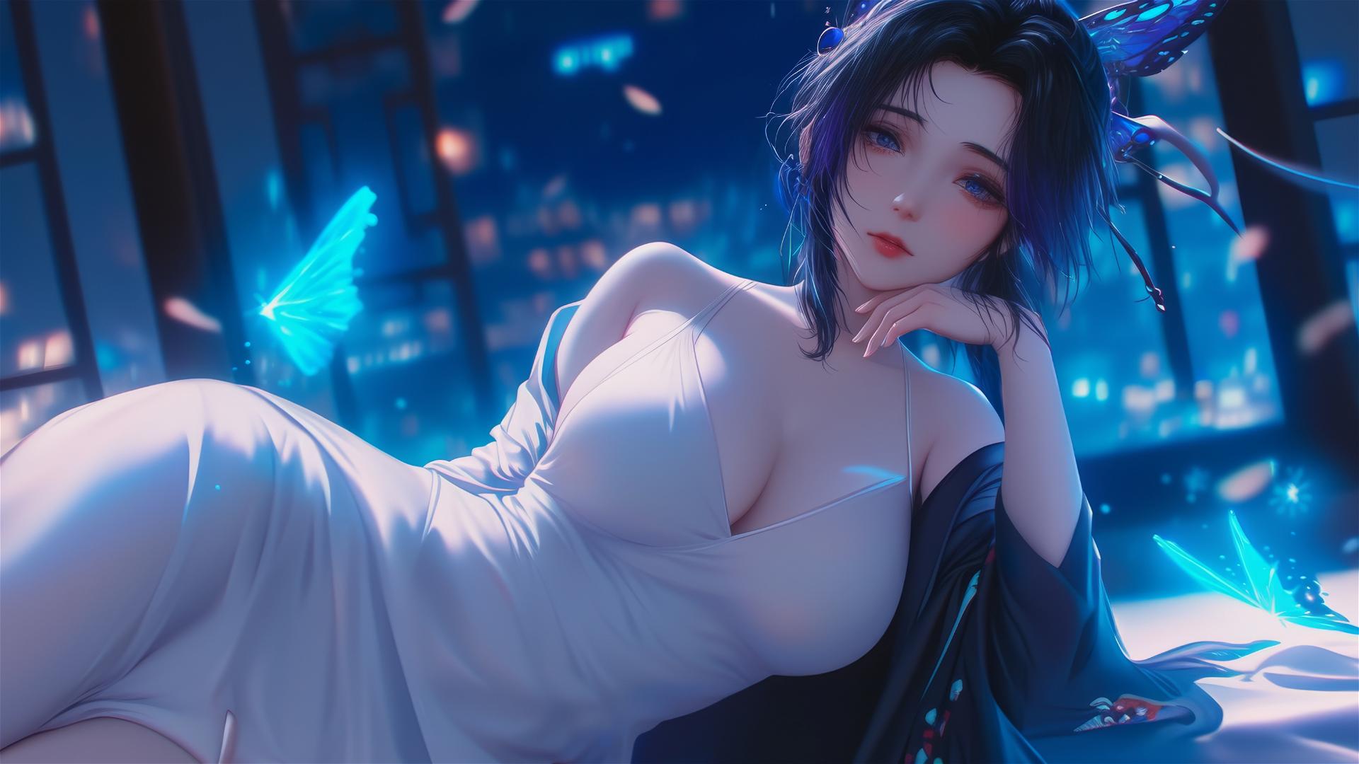 Shinobu Kocho resting in hotel room with neon and moonlight