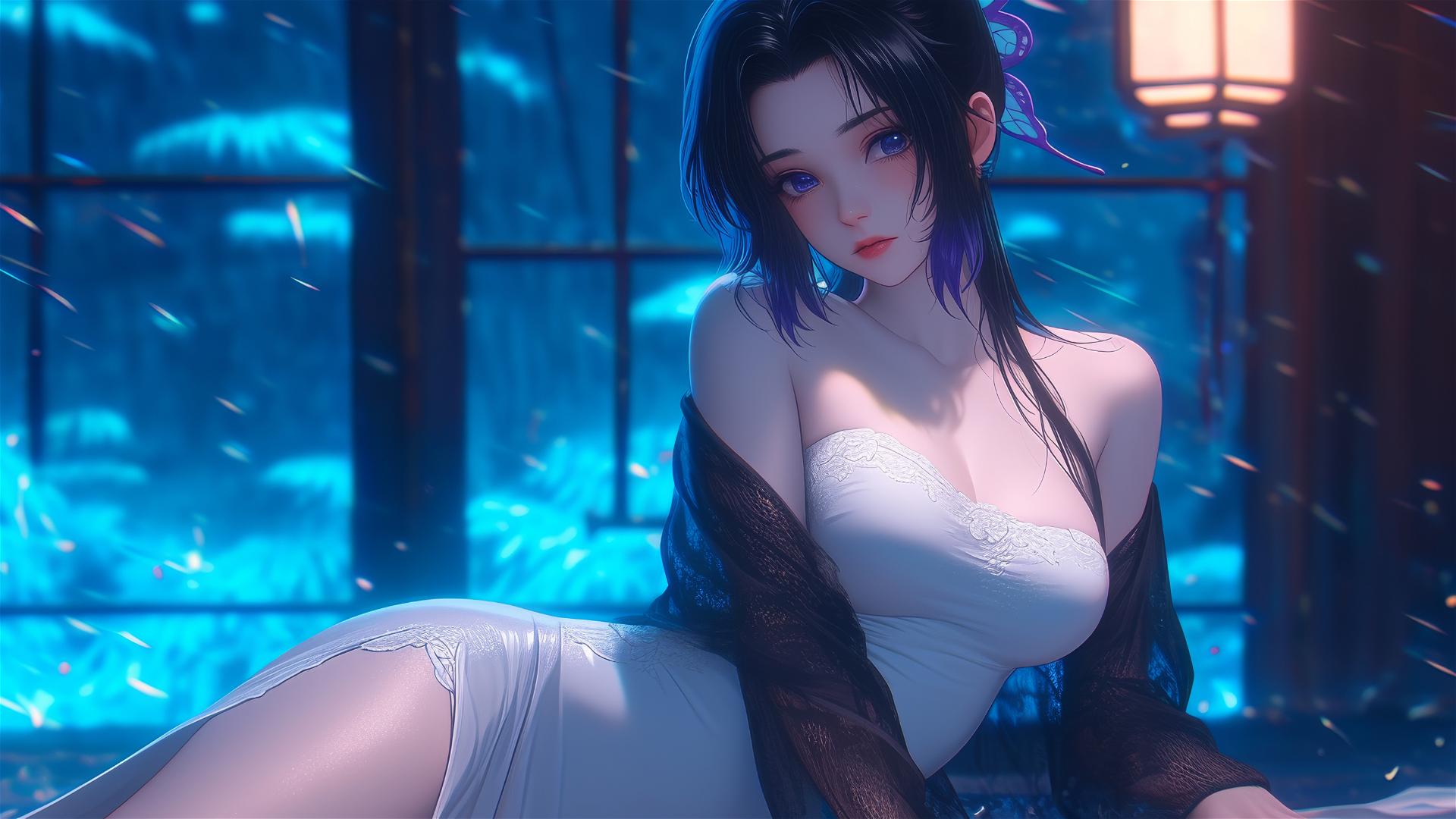 Shinobu Kocho resting in a hotel room with neon lights and moonlight, in white dress