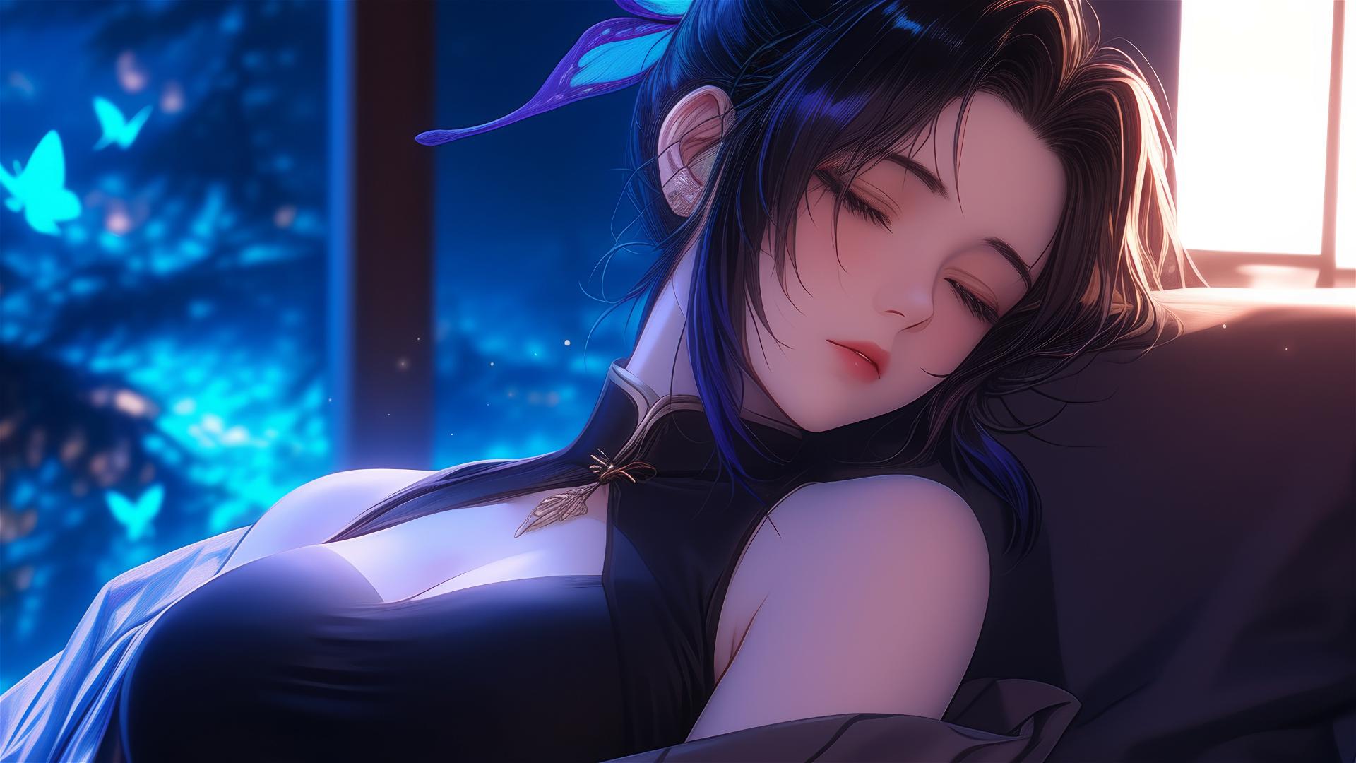 Shinobu Kocho from Demon Slayer resting in a modern hotel room, moonlight glow.