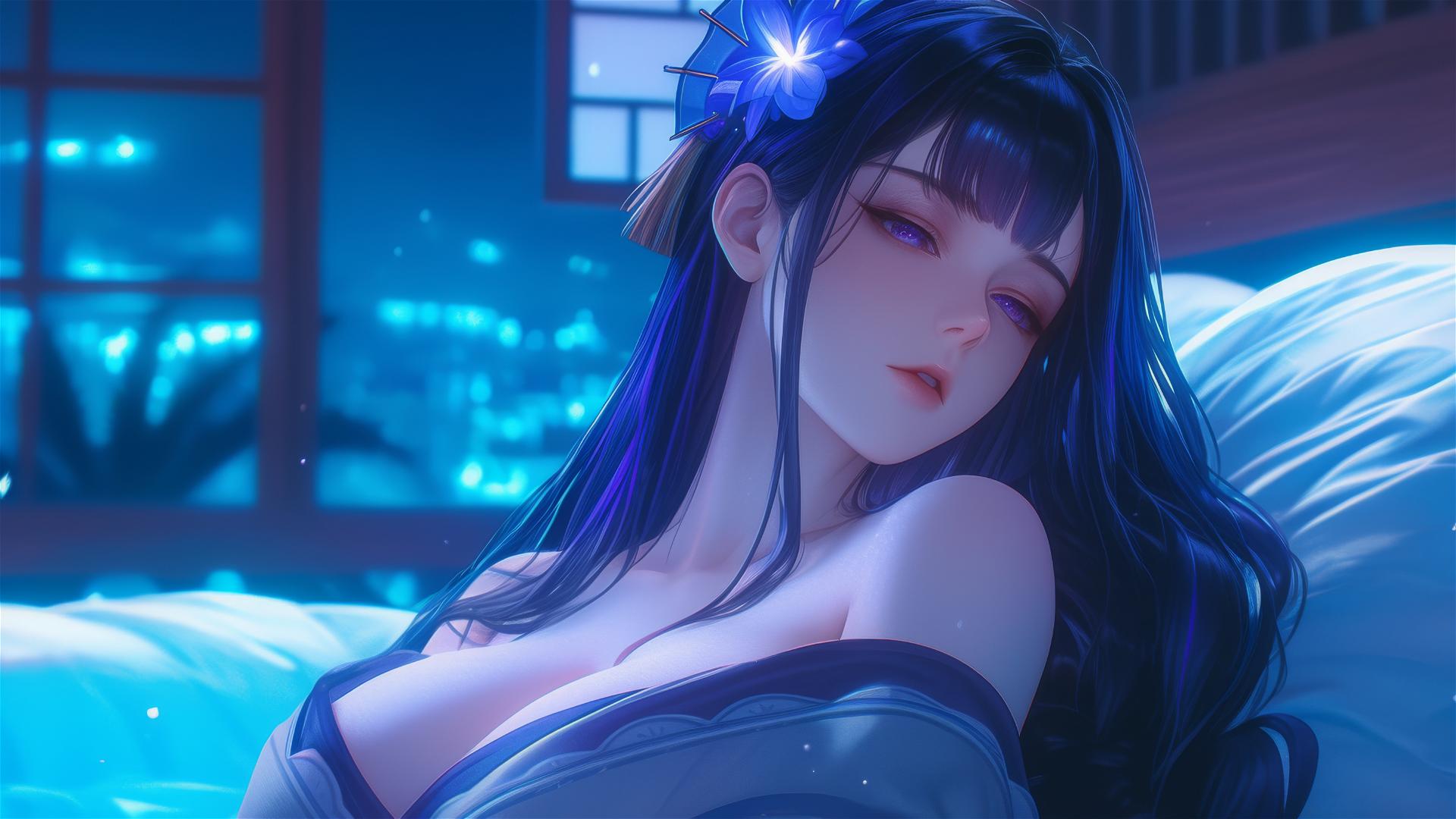 Raiden Shogun from Genshin Impact resting in a modern hotel under moonlight.