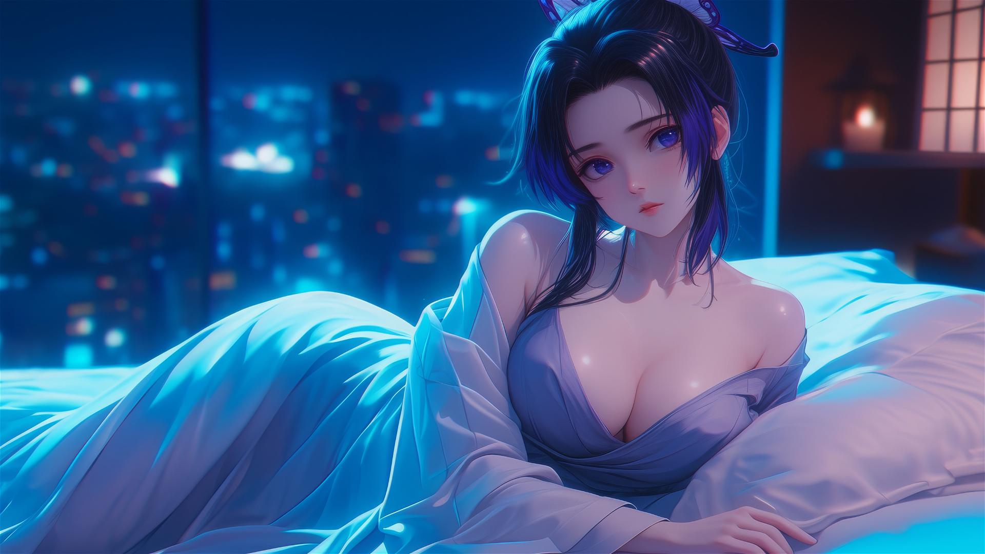 Shinobu Kocho resting in a modern hotel room under moonlight
