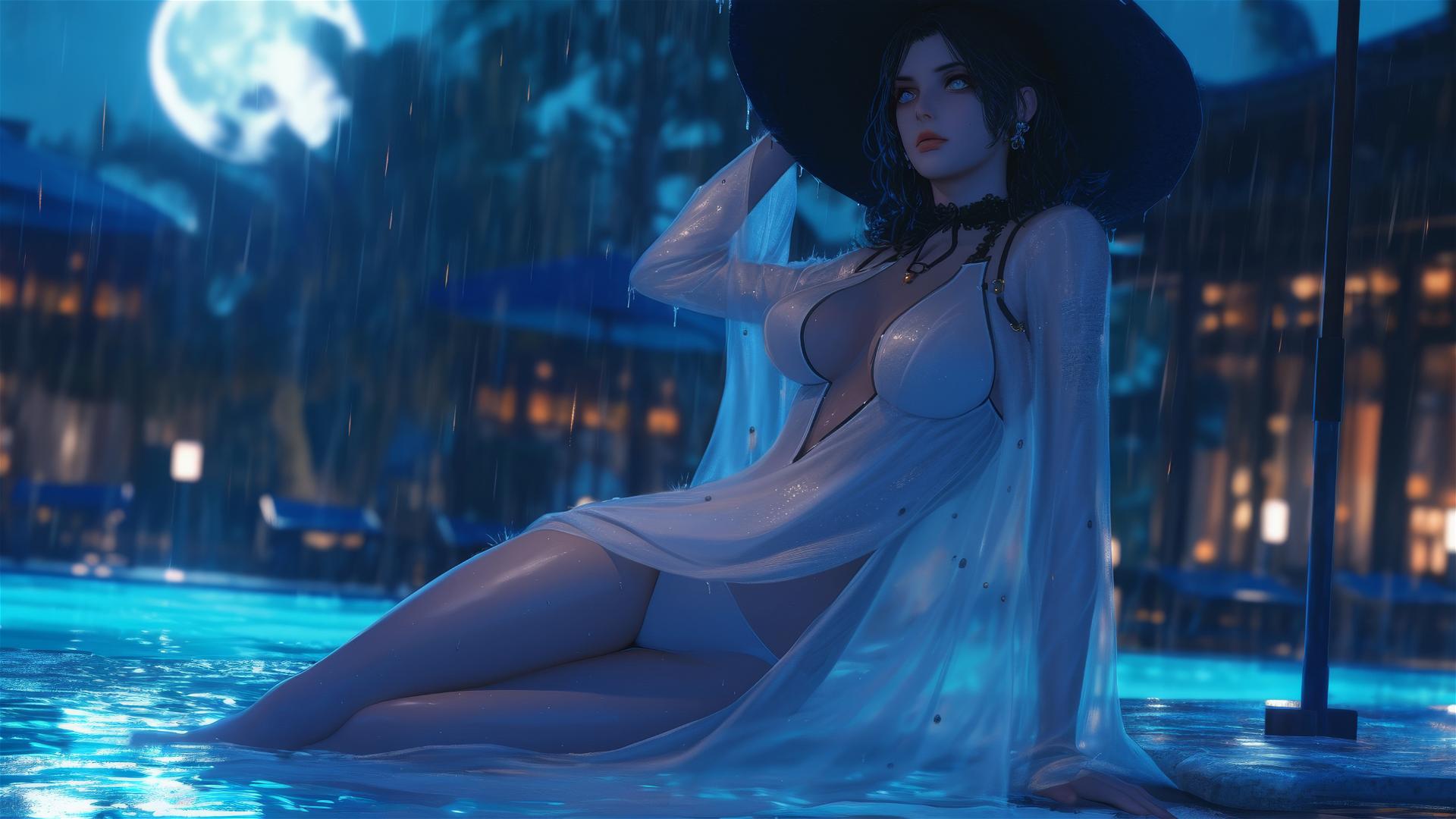 Lady Dimitrescu resting at a rainy swimming pool under moonlight