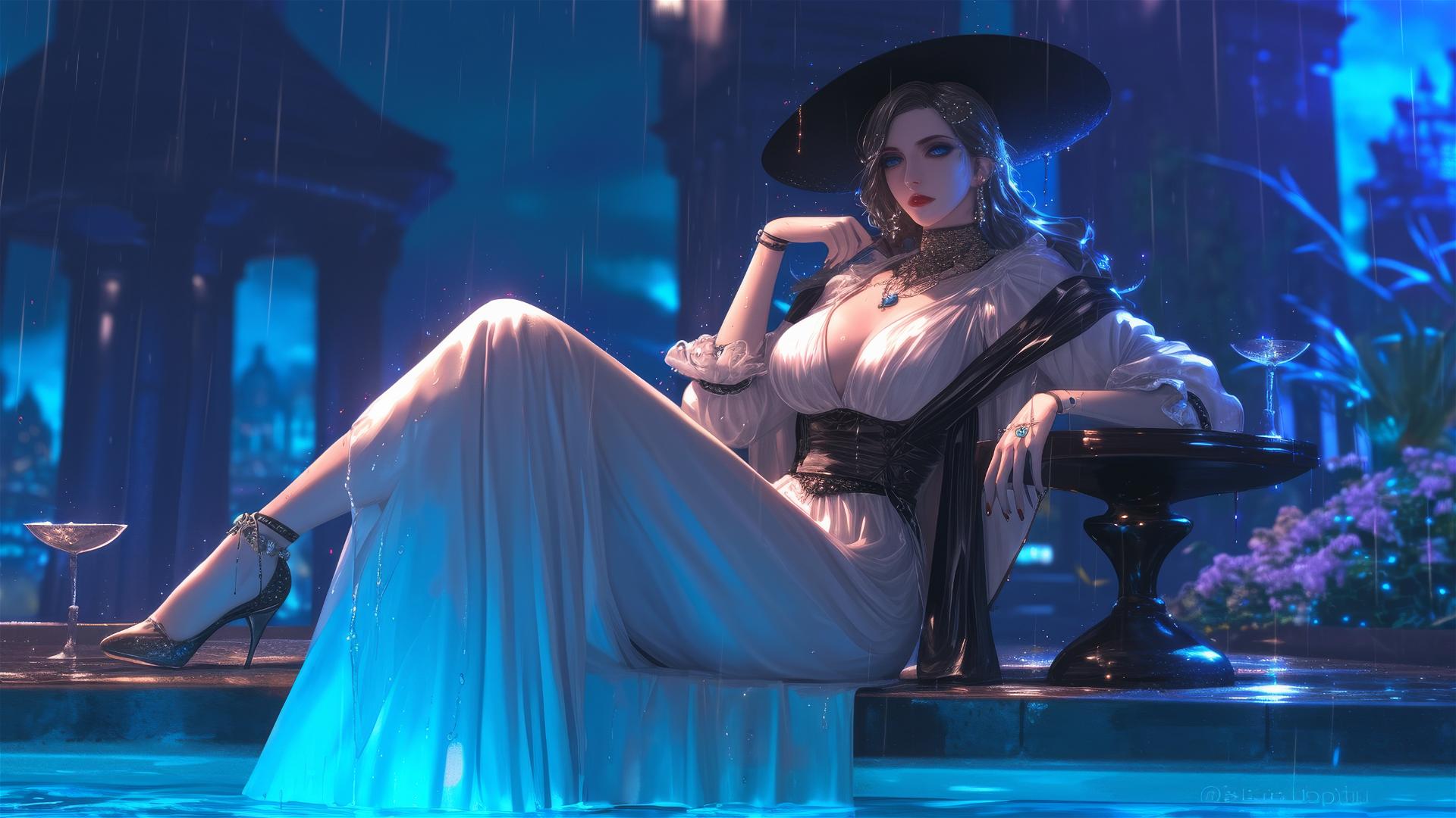 Lady Dimitrescu resting at a rainy swimming pool with moonlight glow.