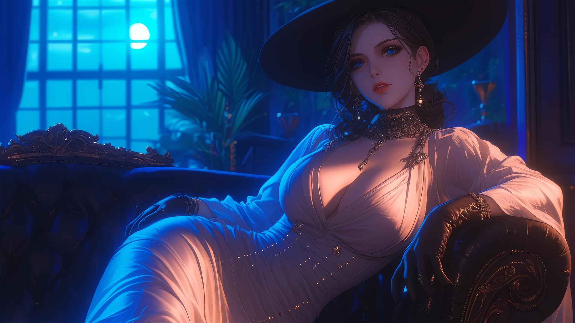 Lady Dimitrescu resting in a modern hotel room under moonlight