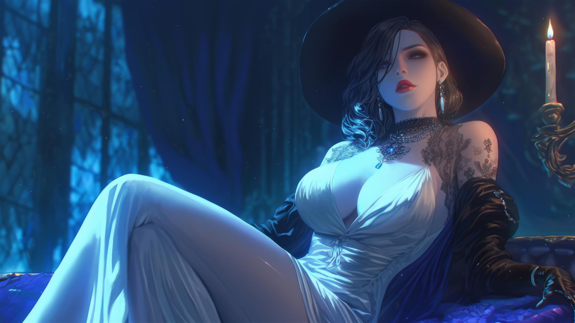 Lady Dimitrescu resting under red moonlight with a gothic elegant horror theme.