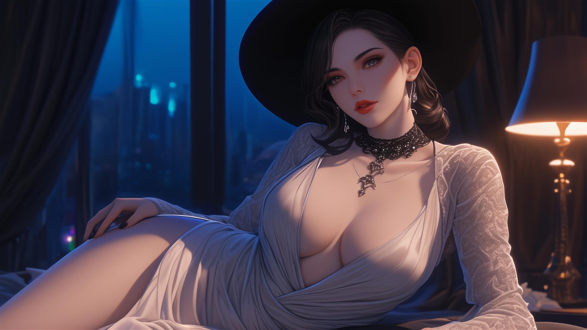 Lady Dimitrescu resting on a modern hotel bed with moonlight glow