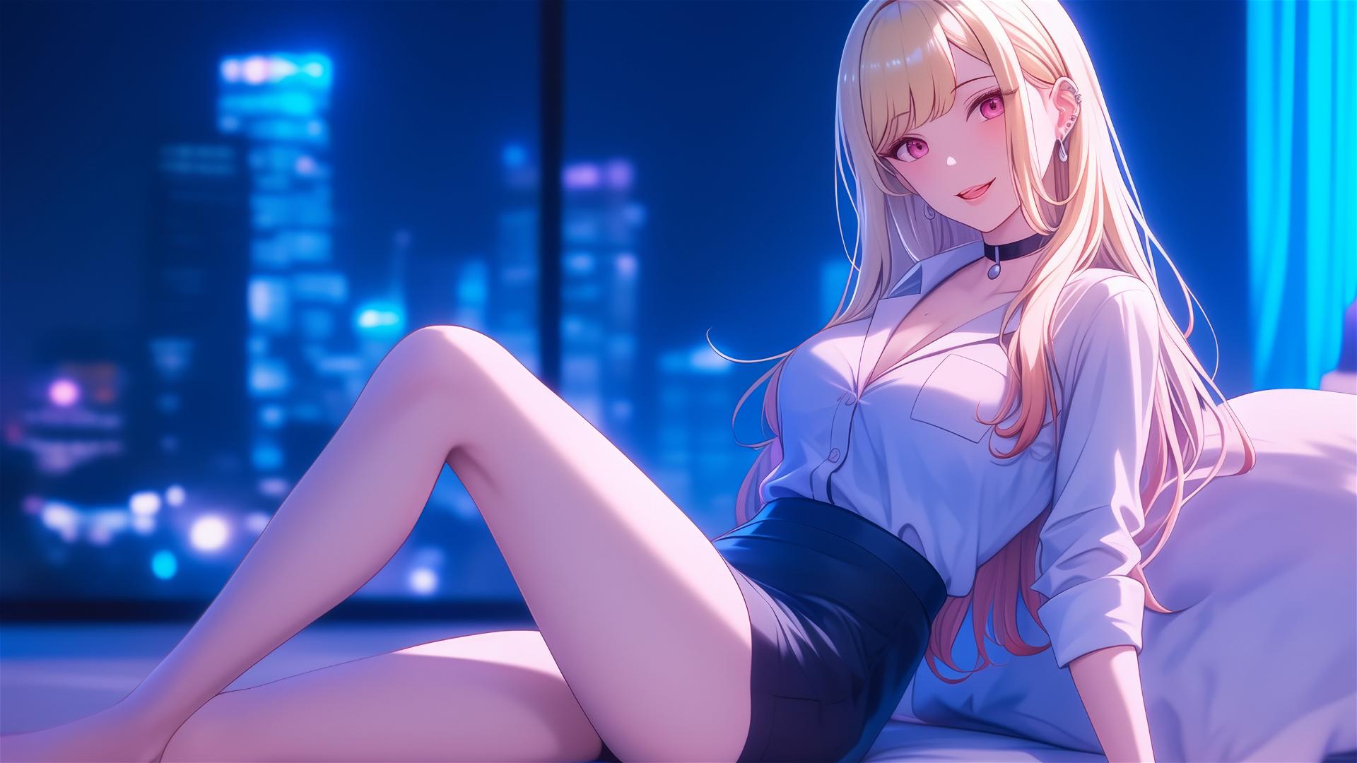 Marin Kitagawa sitting on hotel bed under moonlight with blonde hair and pinkish tips.