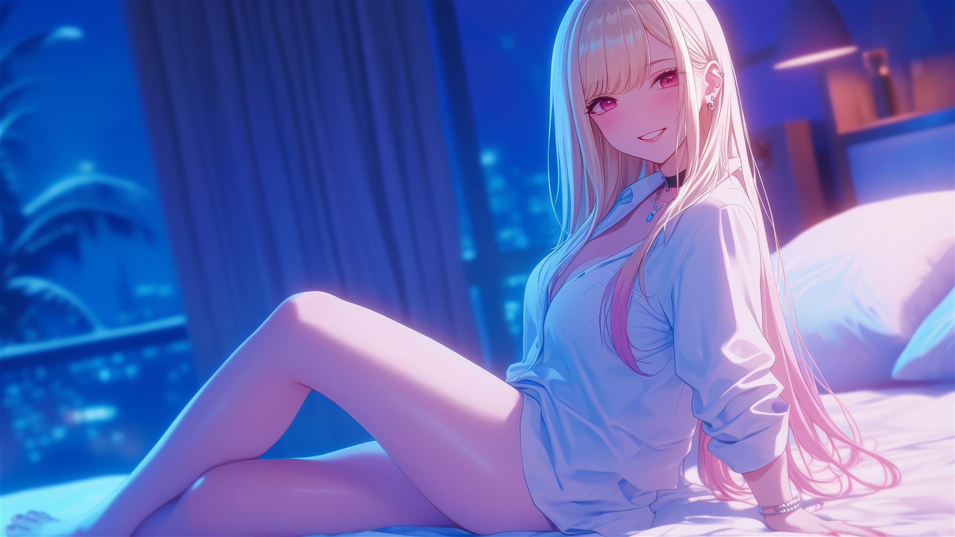 Marin Kitagawa sitting on a hotel bed with moonlight casting a glow