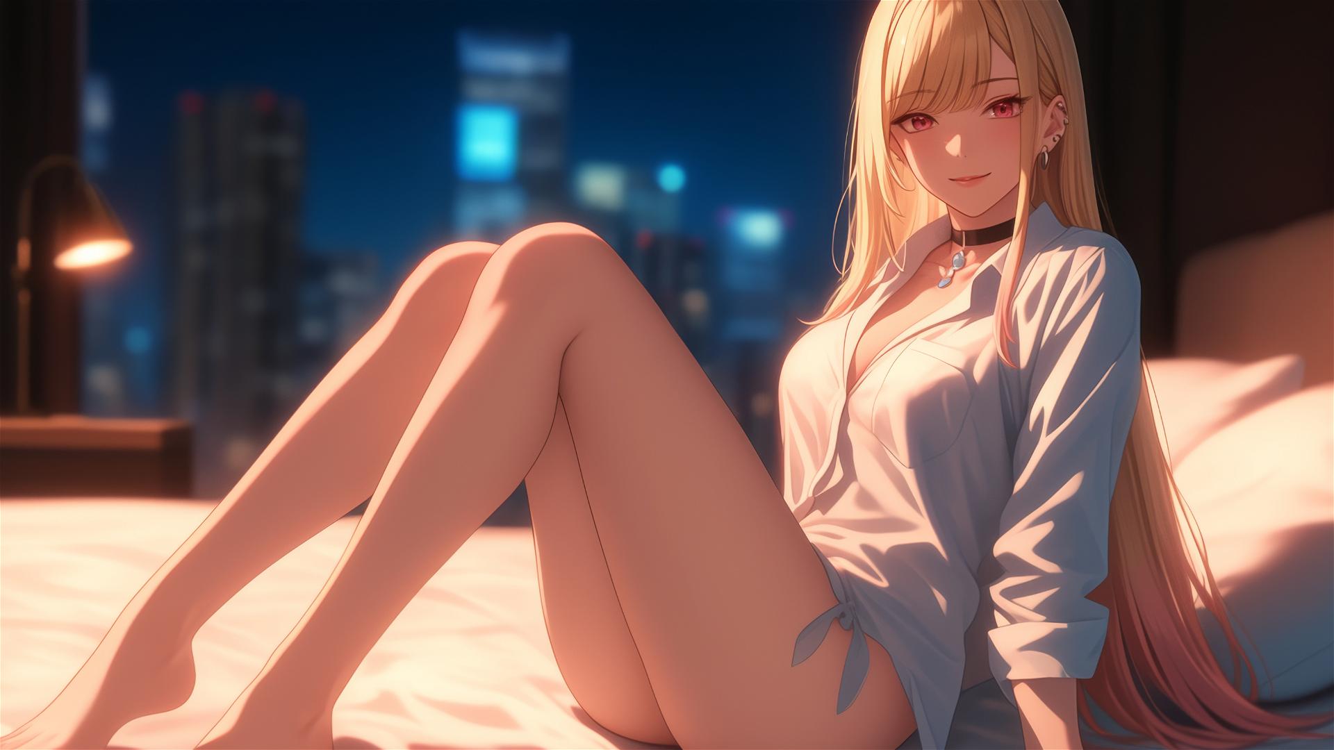 Marin Kitagawa sitting on hotel bed with moonlight glow