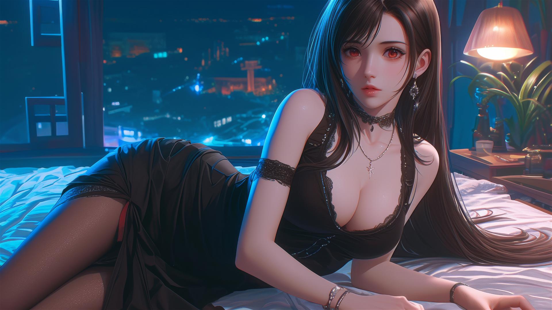 Tifa Lockhart in bold dress resting in her room under moonlight glow.