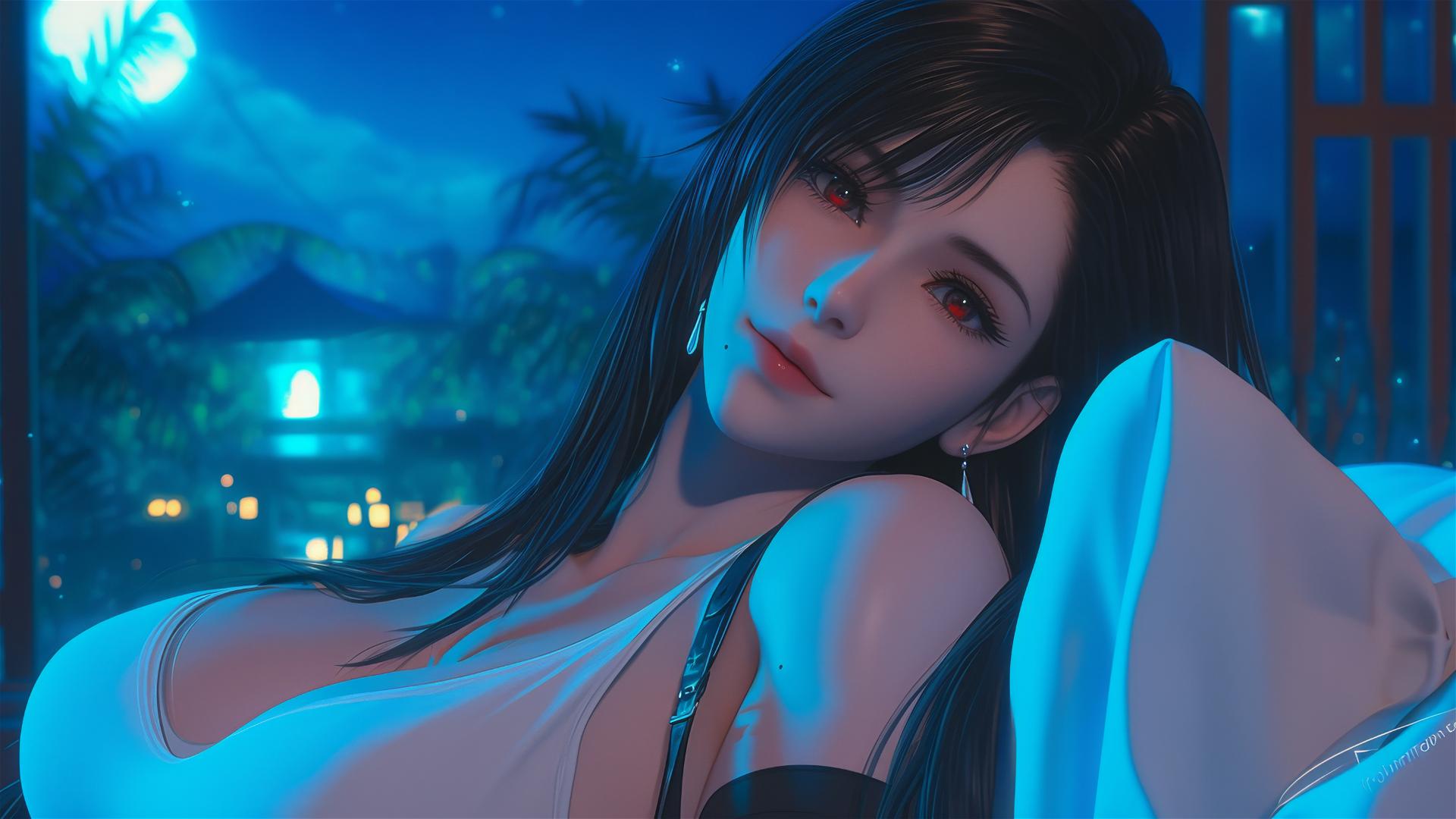 Tifa Lockhart resting in her room under moonlight.