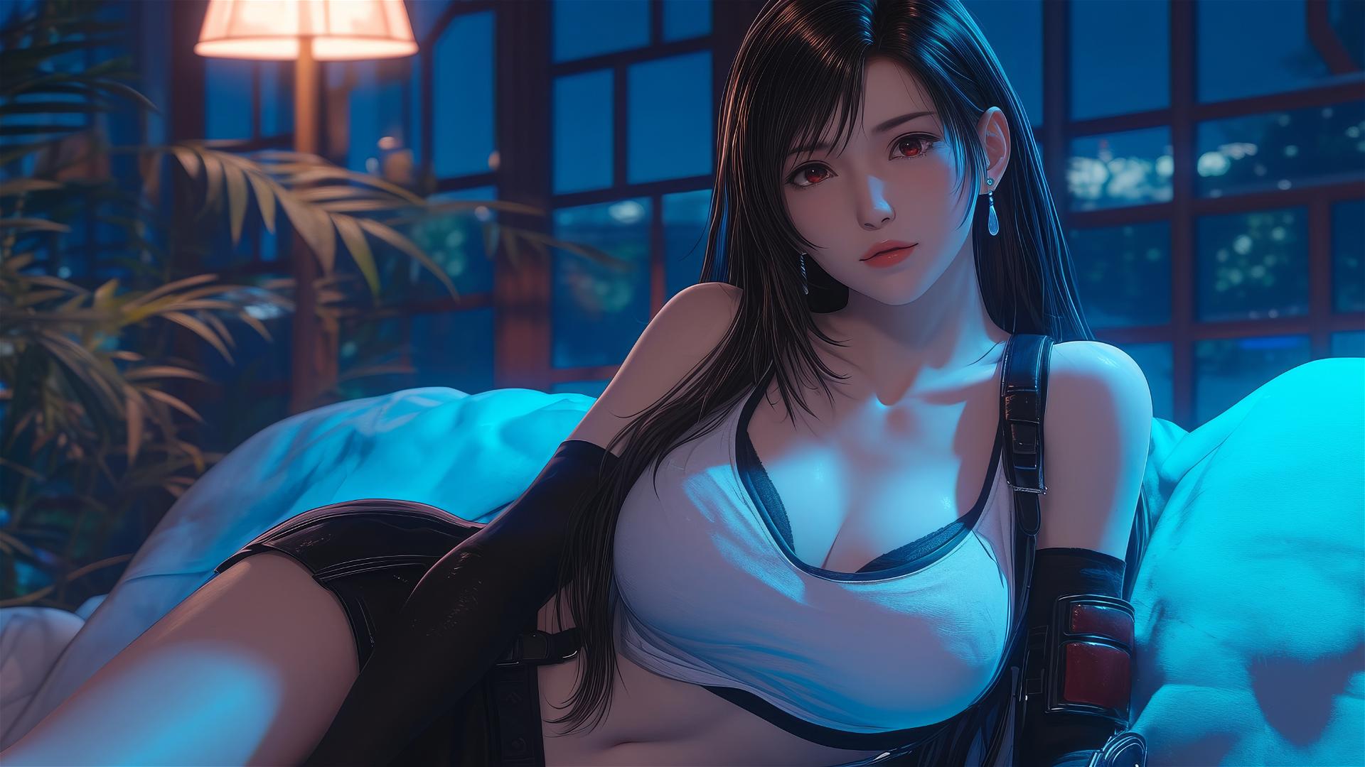 Tifa Lockhart relaxing in her room with soft moonlight