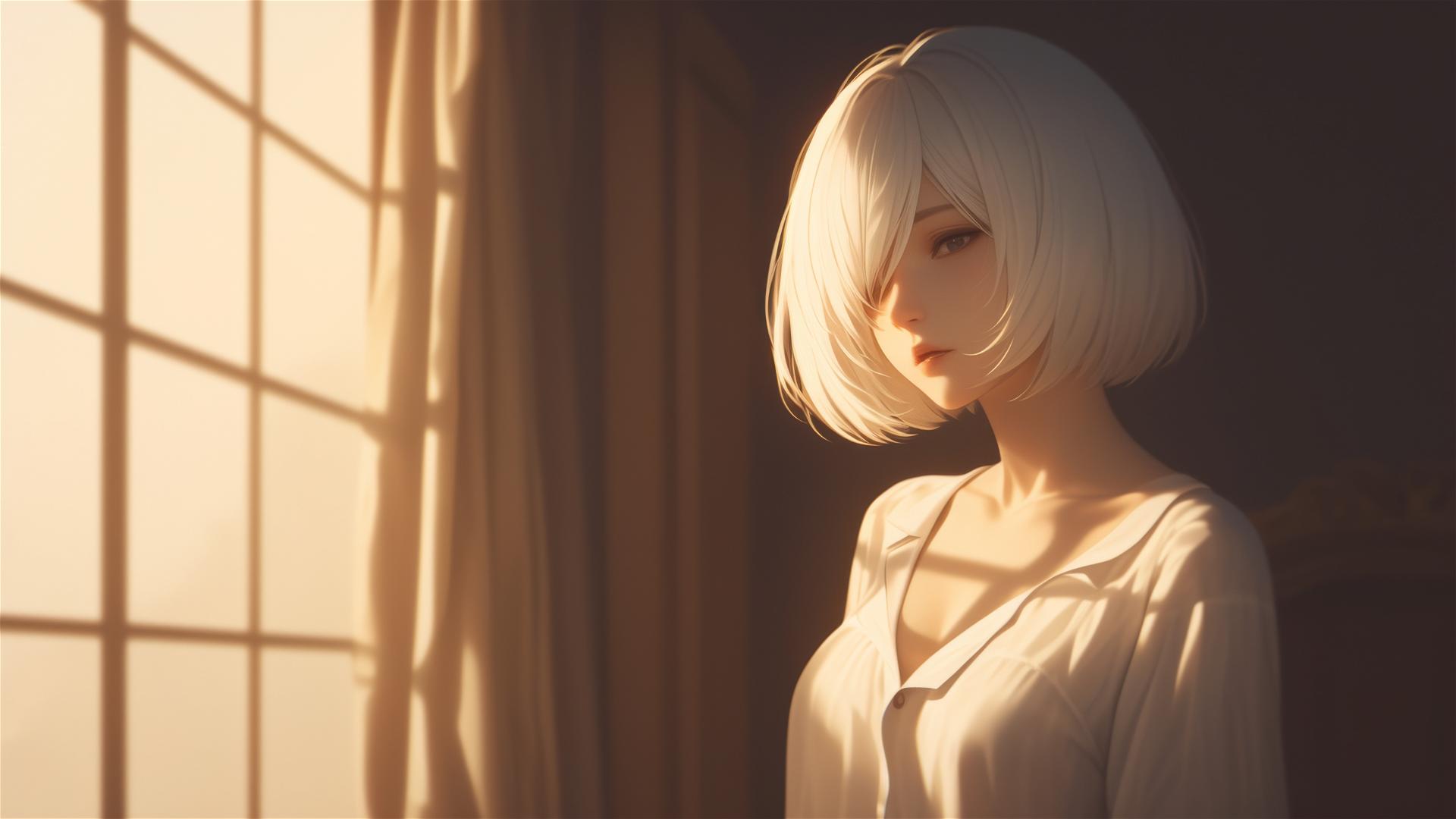 2B from Nier in white silk pajamas by a sunlit window
