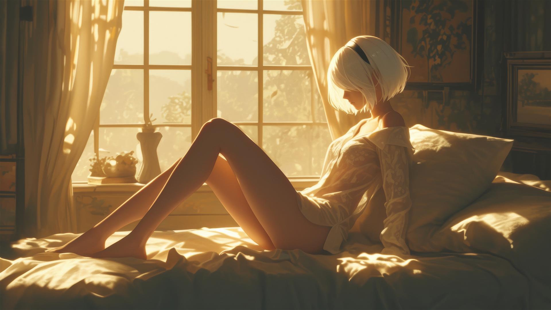 2B from Nier in white silk pajamas relaxing in apartment during sunrise