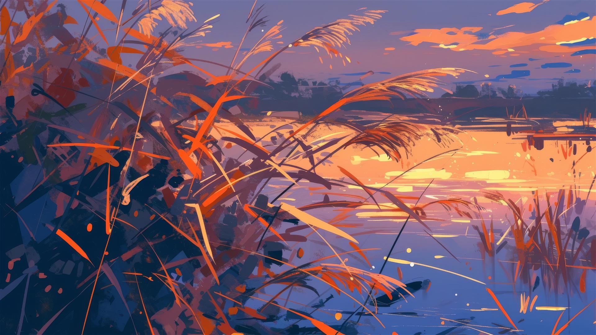 Sunset over dense wetlands with pink and orange reflections