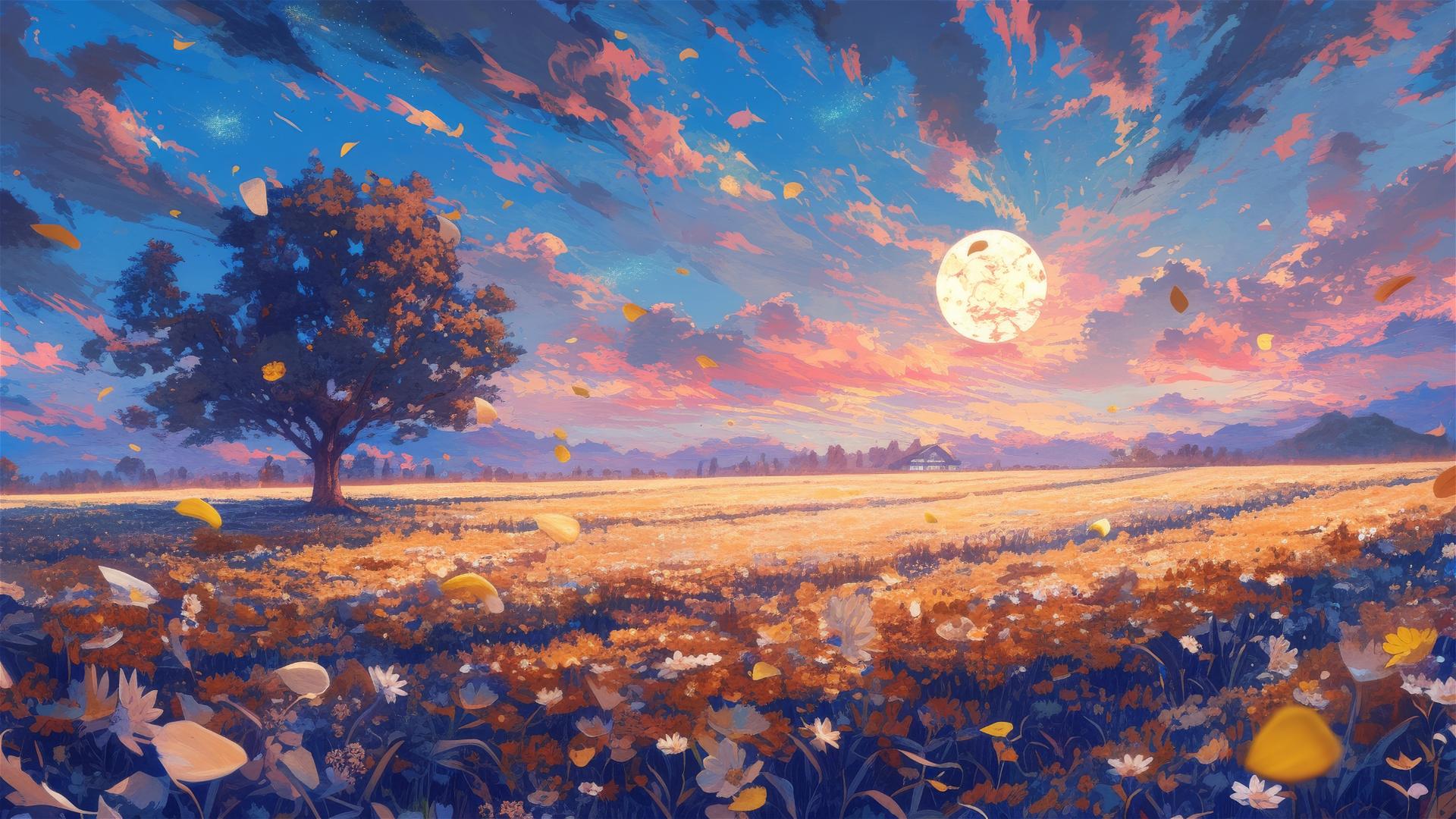 flower field under harvest moon with nocturnal glow