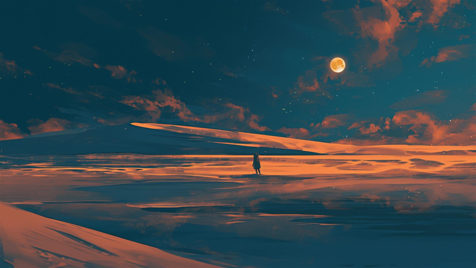 Desert at midnight under a lunar eclipse with sand reflecting the moon
