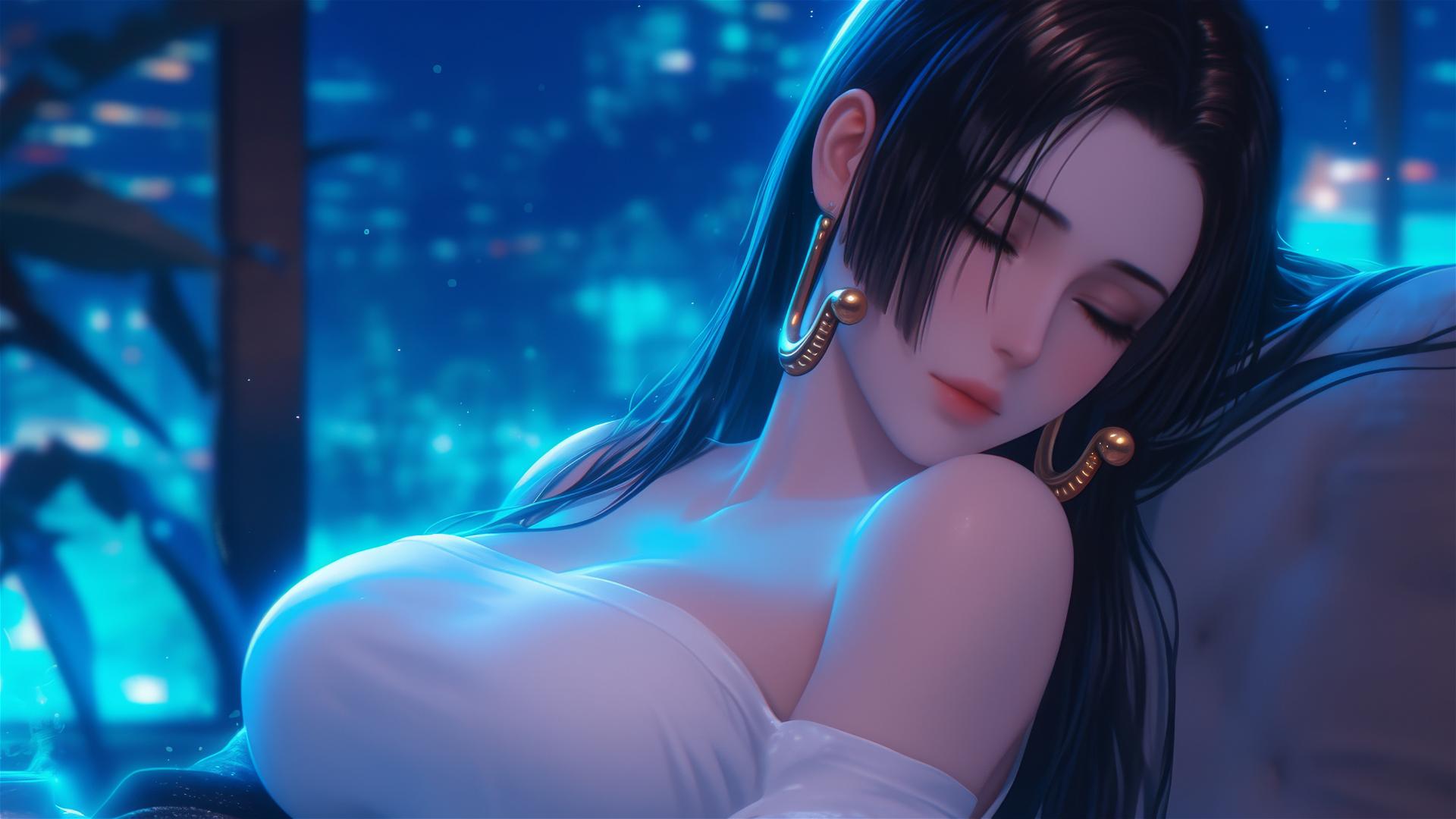 Boa Hancock resting in an apartment with moonlight glow, short hair
