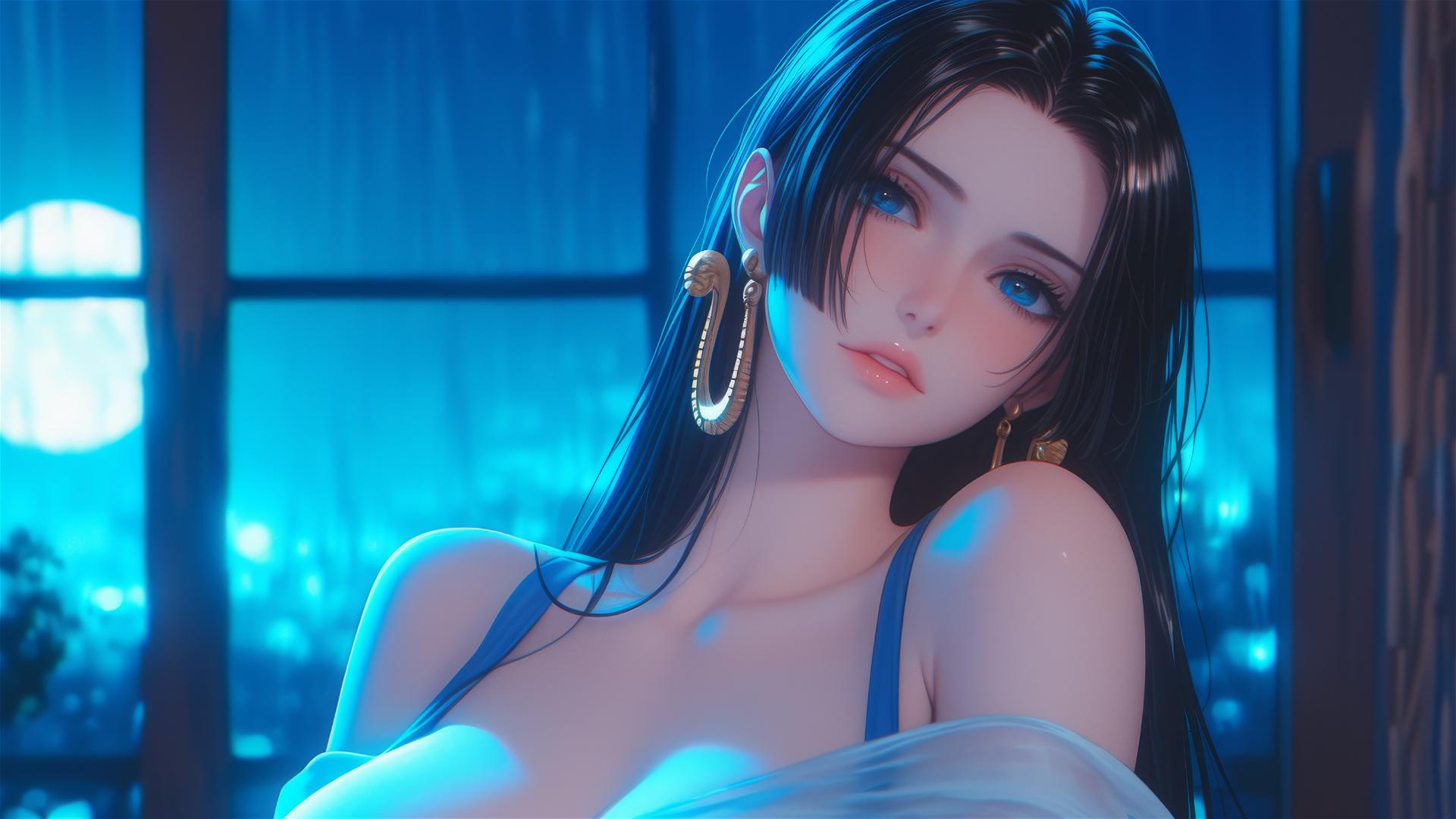 Boa Hancock resting in apartment under soft moonlight, short hair