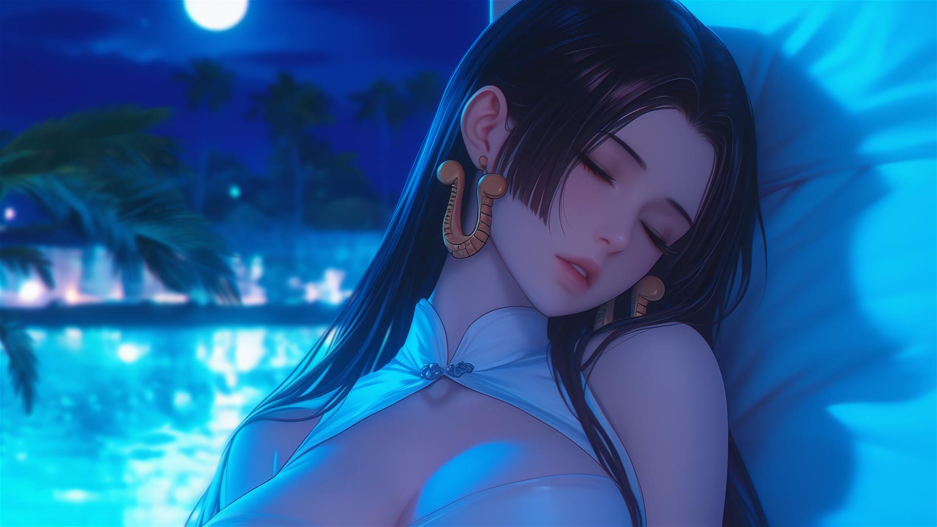 Boa Hancock resting in an apartment with moonlight glow