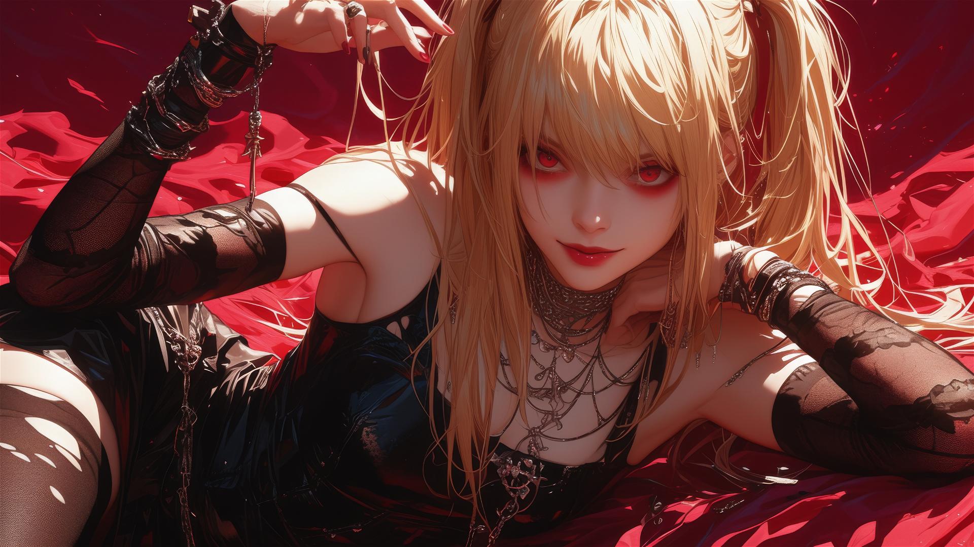 Misa Amane from Death Note in dynamic pose with red eyes and spotlight effect.