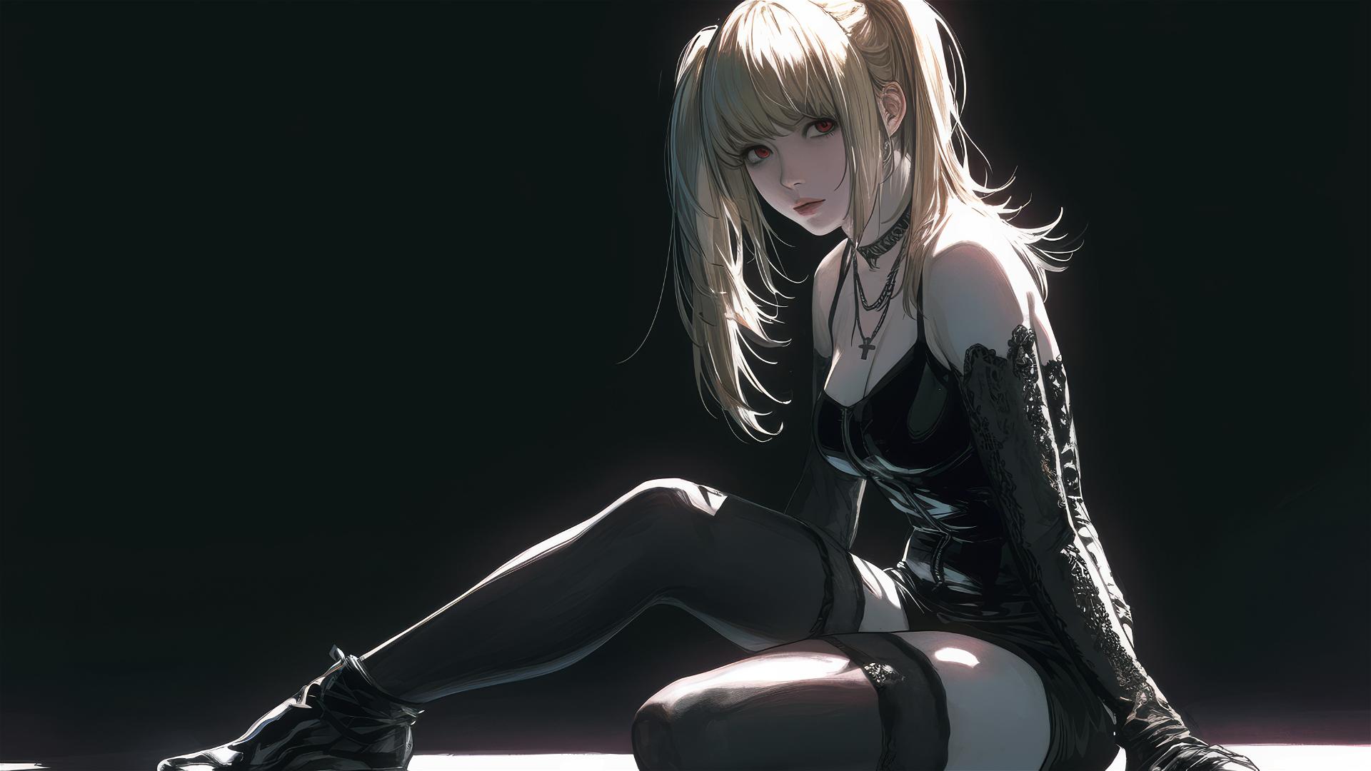 Misa Amane from Death Note with red eyes in a dynamic pose on dark background