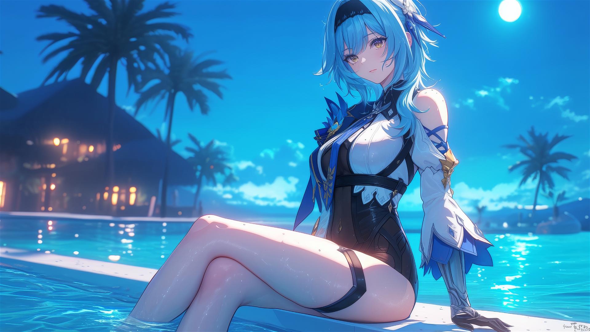 Eula Lawrence resting by pool under moonlight