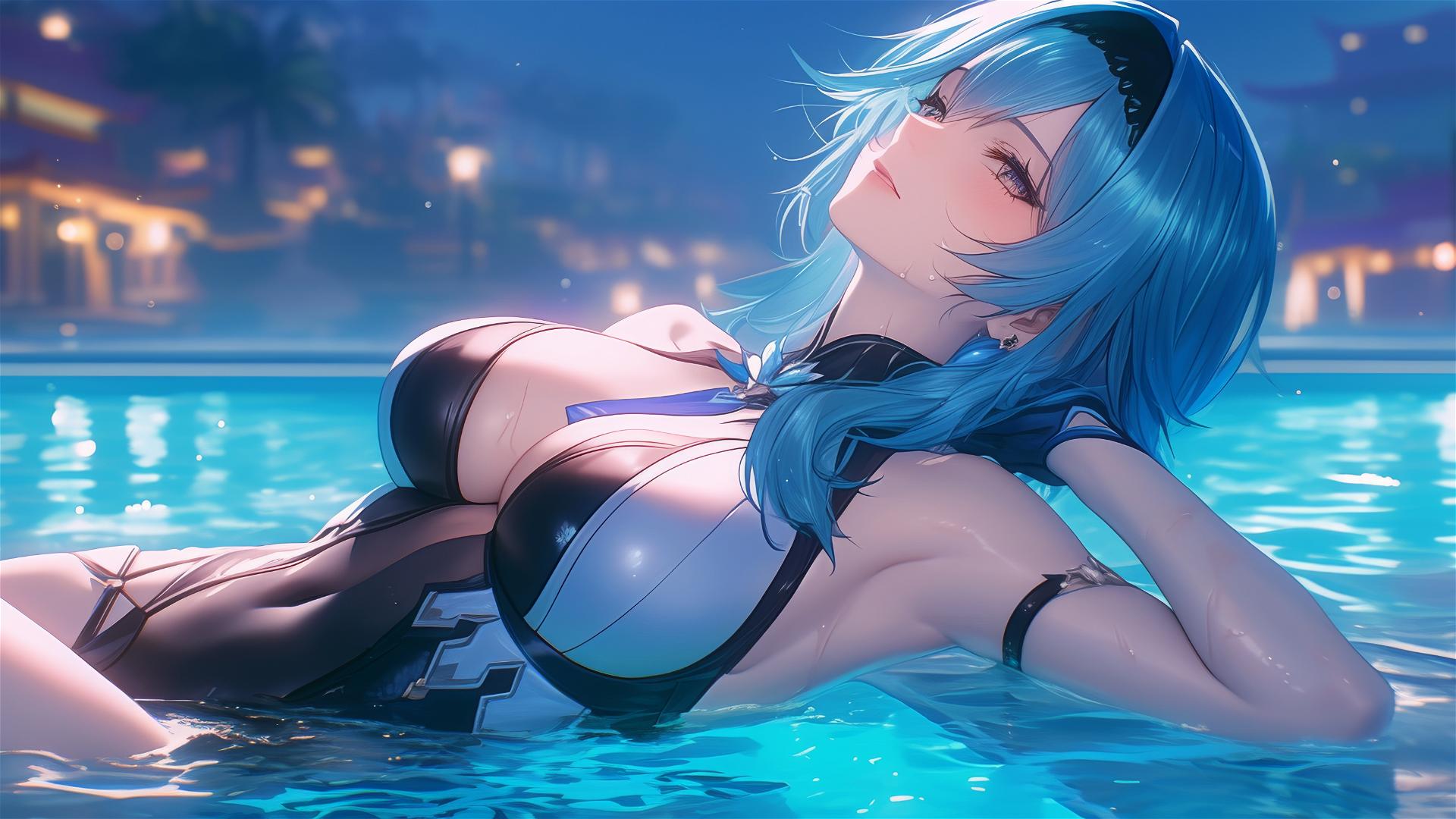 Eula Lawrence from Genshin Impact resting by a moonlit pool with light blue hair.