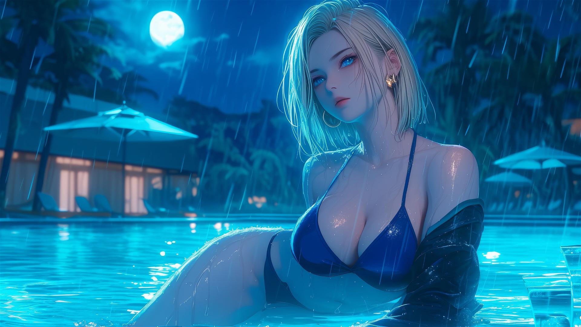 Android 18 resting by a rainy pool under moonlight.
