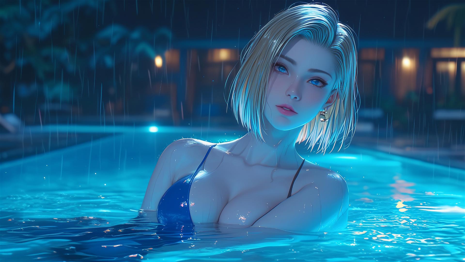 Android 18 resting by a rainy swimming pool under moonlight.