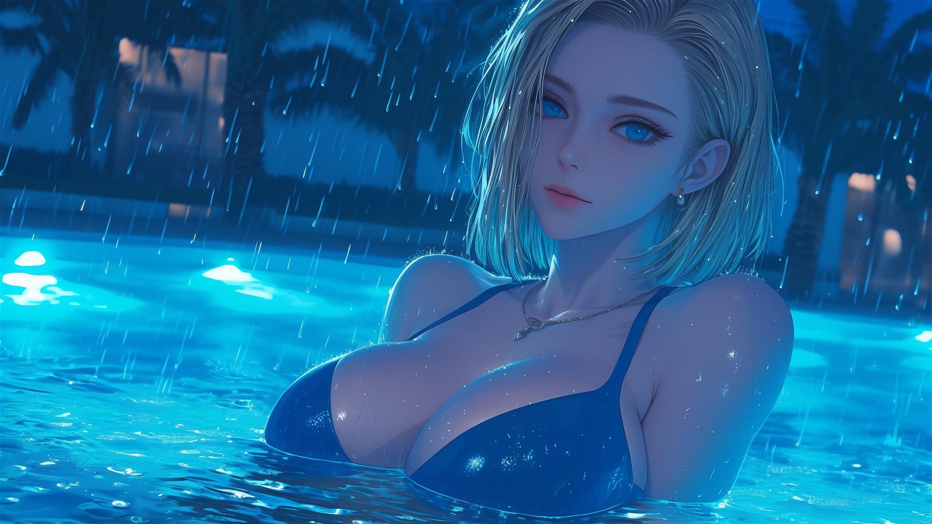 Android 18 resting by a rainy pool under moonlight