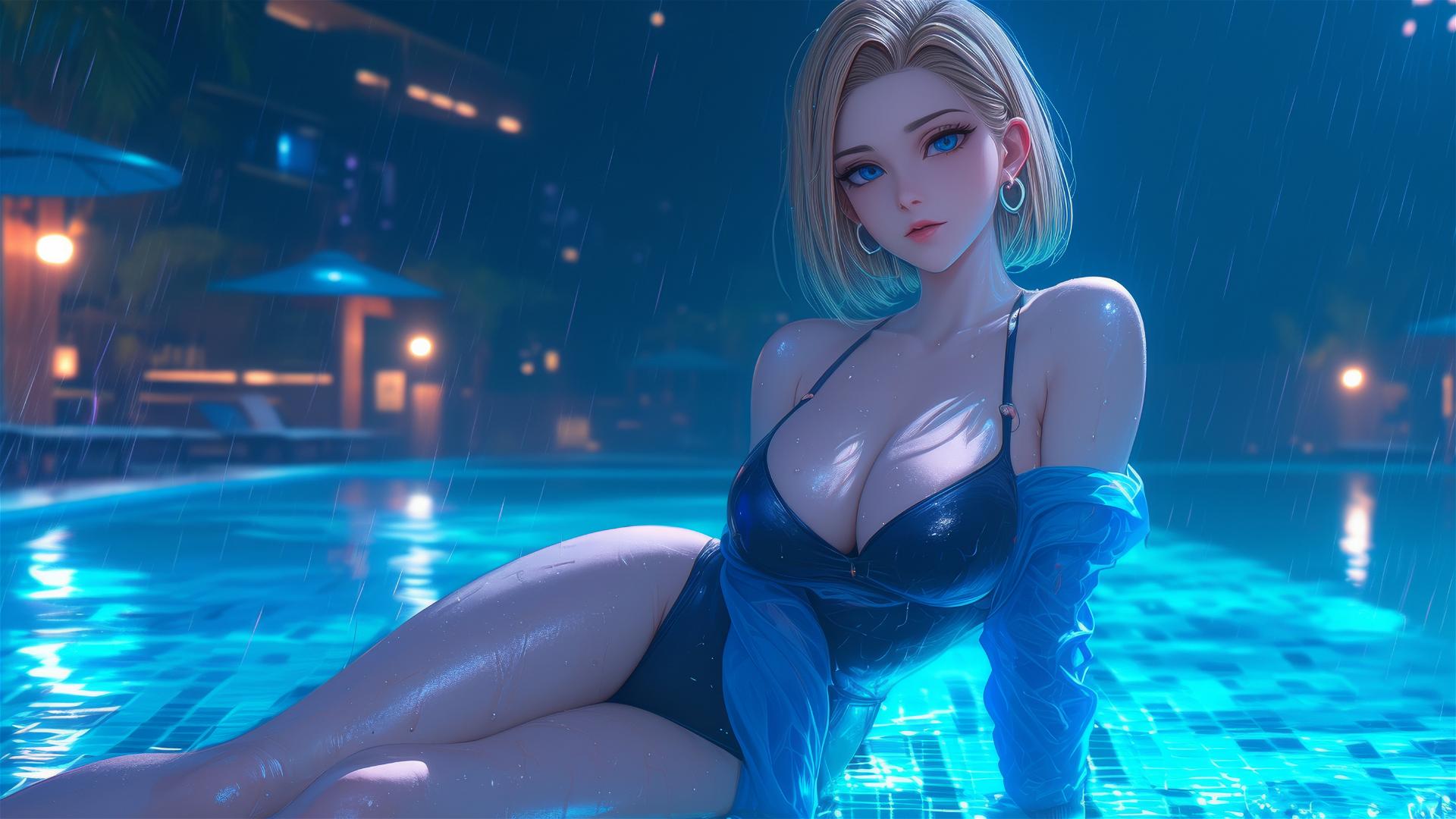 Android 18 resting by a rainy pool under moonlight