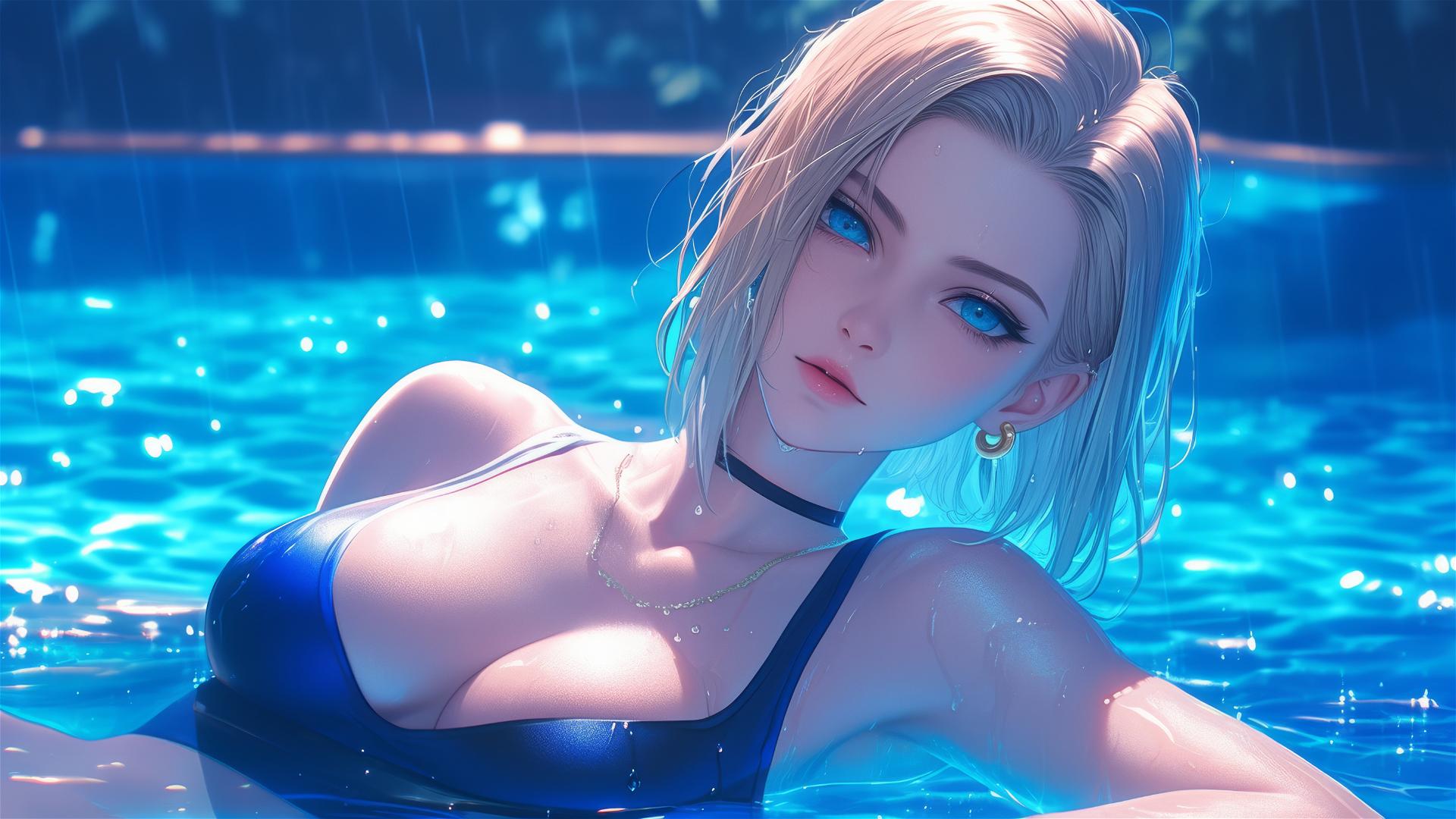 Android 18 resting by a rainy swimming pool with moonlight and short blonde hair