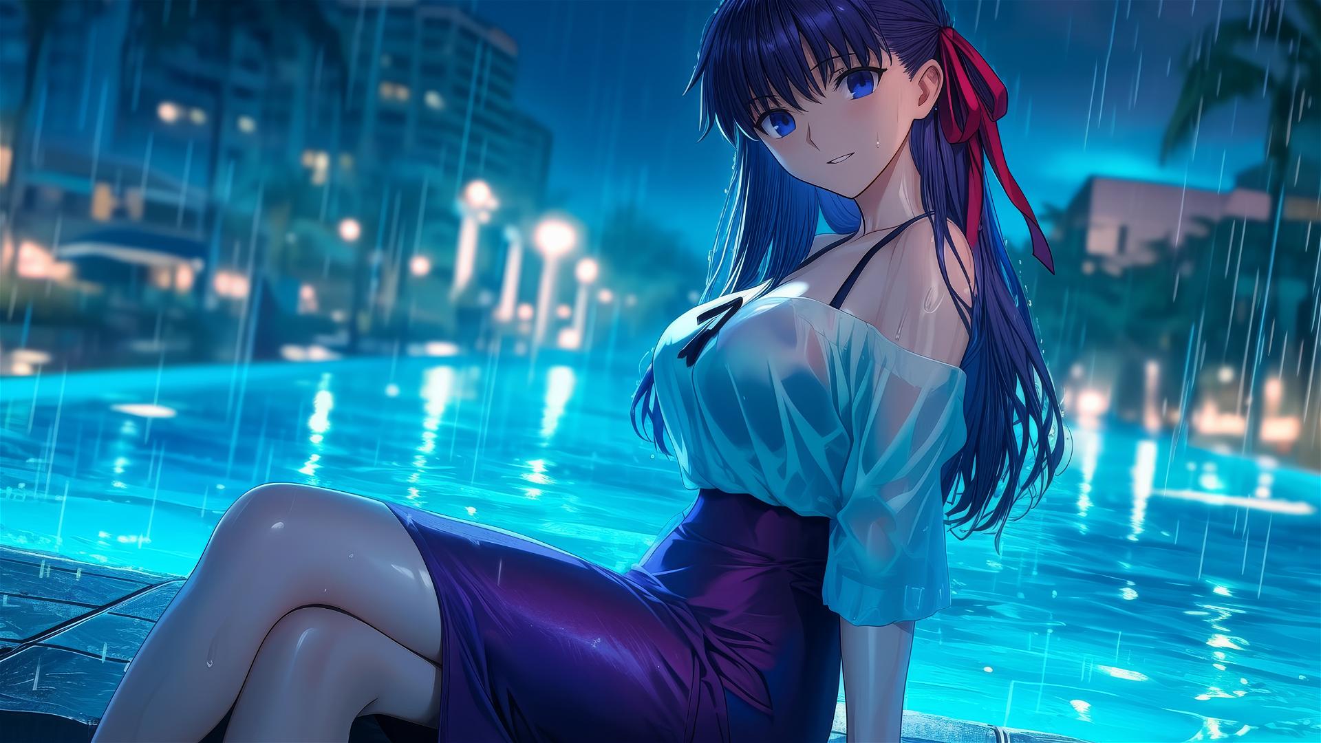 Sakura Matou from Fate/stay night resting by a rainy swimming pool under moonlight