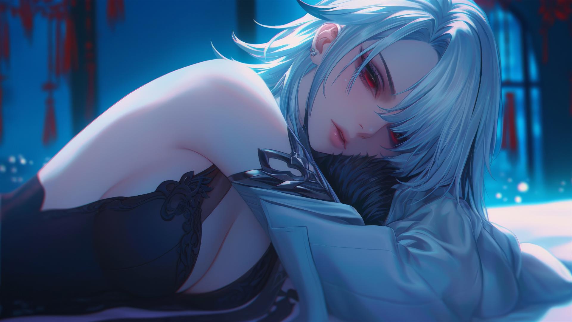 Arlecchino with snow white hair and black streaks, resting in a modern hotel room bathed in moonlight