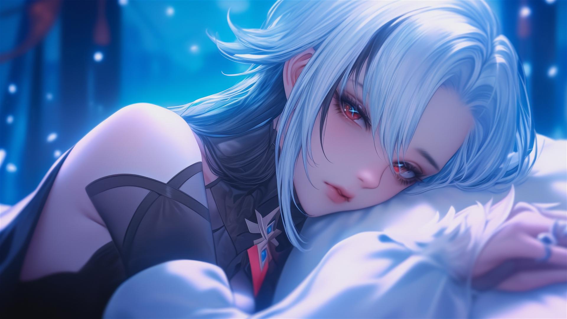 Arlecchino from Genshin Impact with snow white and black-streaked hair, resting in a modern hotel room basked in moonlight