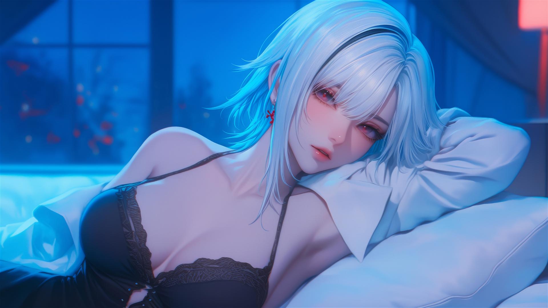 Arlecchino from Genshin Impact with snow white hair and black streaks, in a modern hotel room, moonlight glow.
