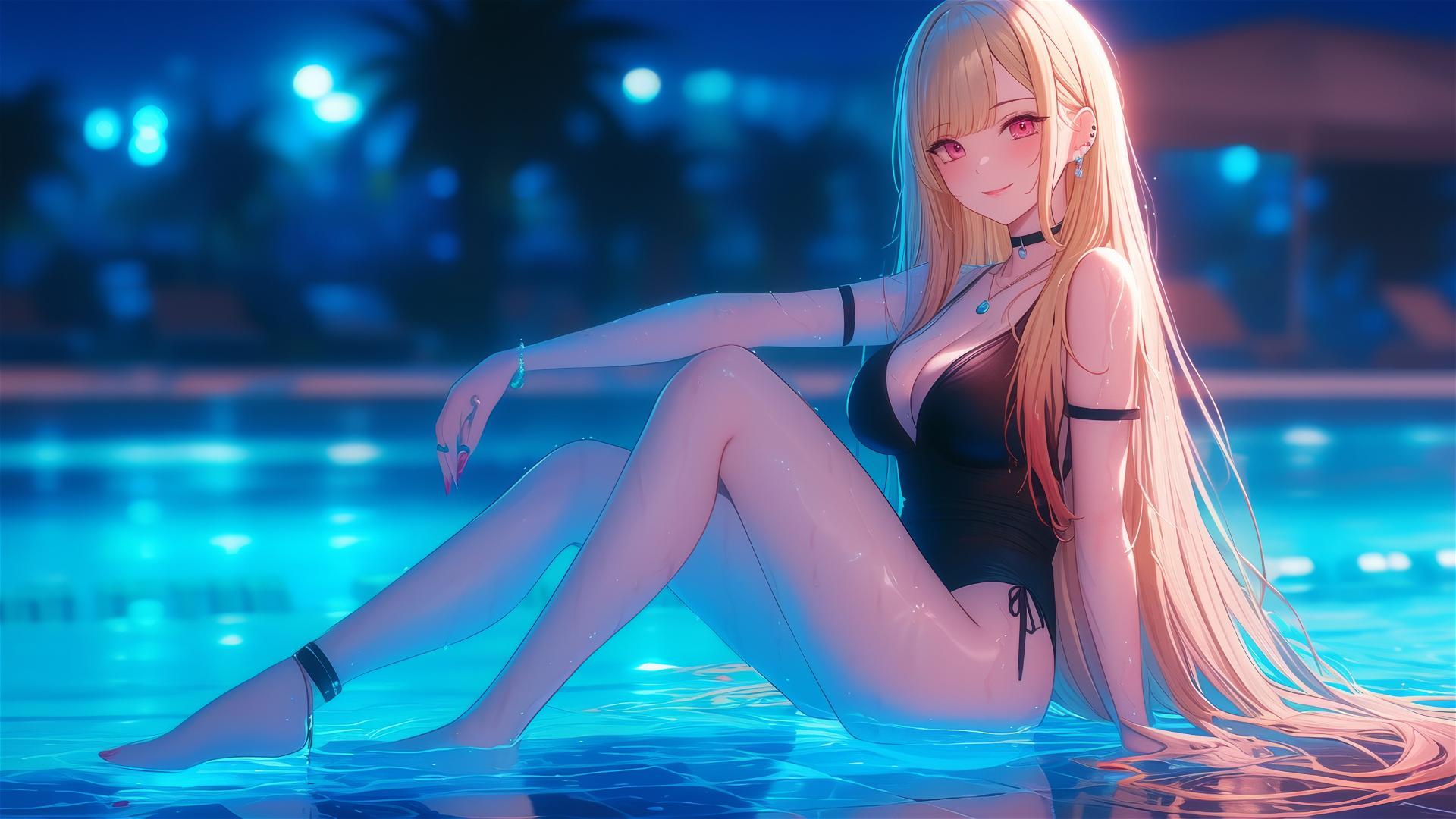Marin Kitagawa sits by a rainy swimming pool, illuminated by moonlight.