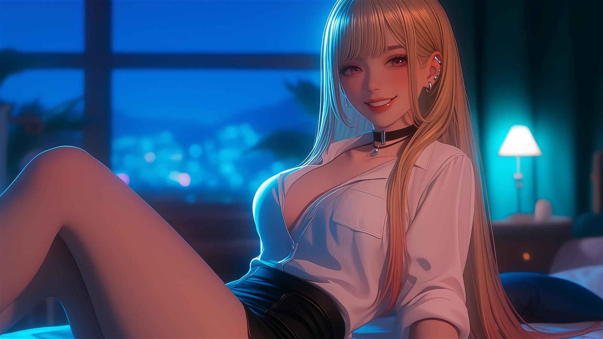 Marin Kitagawa sitting on a hotel bed illuminated by moonlight.
