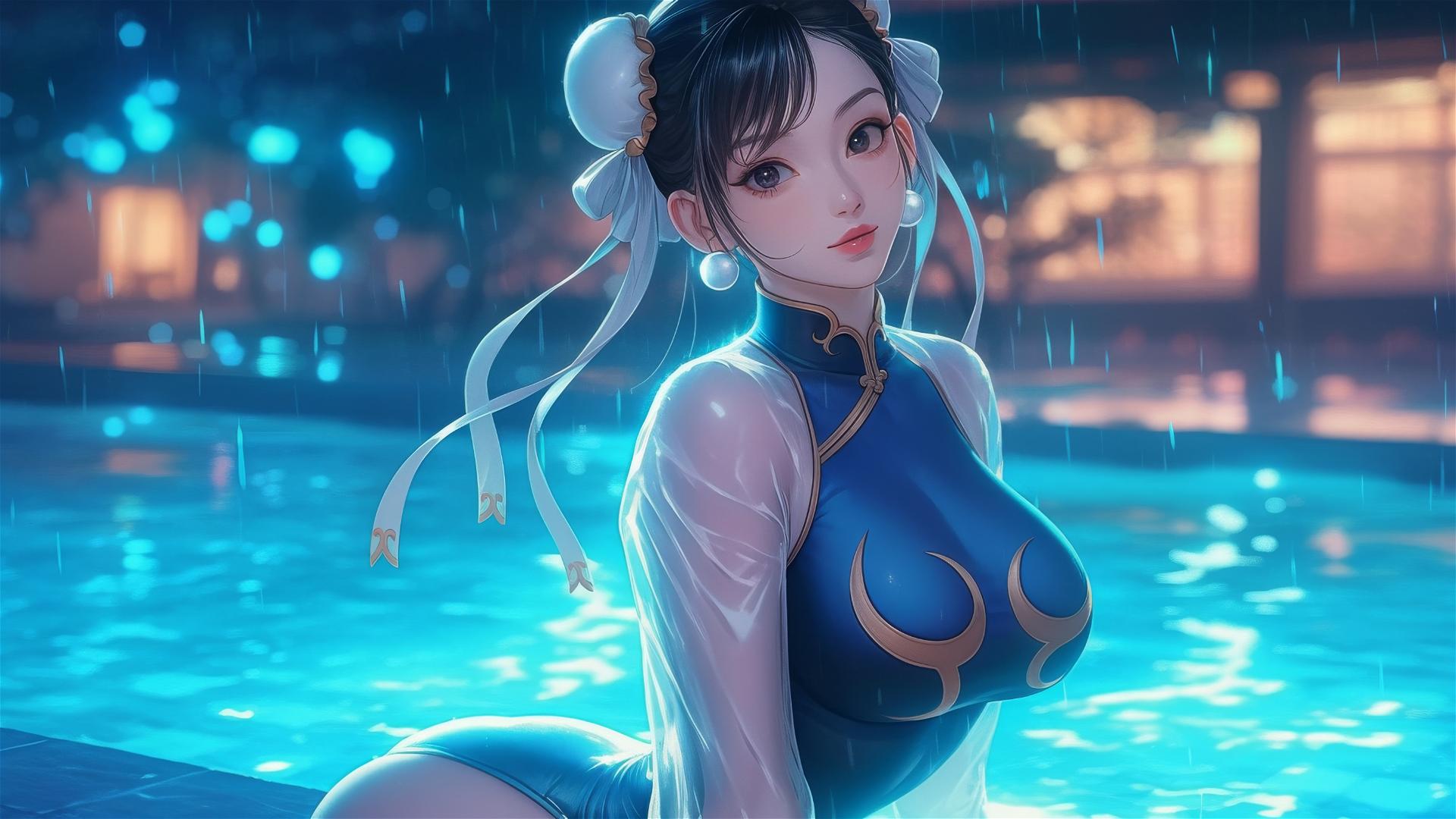 Chun Li standing in a rainy swimming pool under moonlight