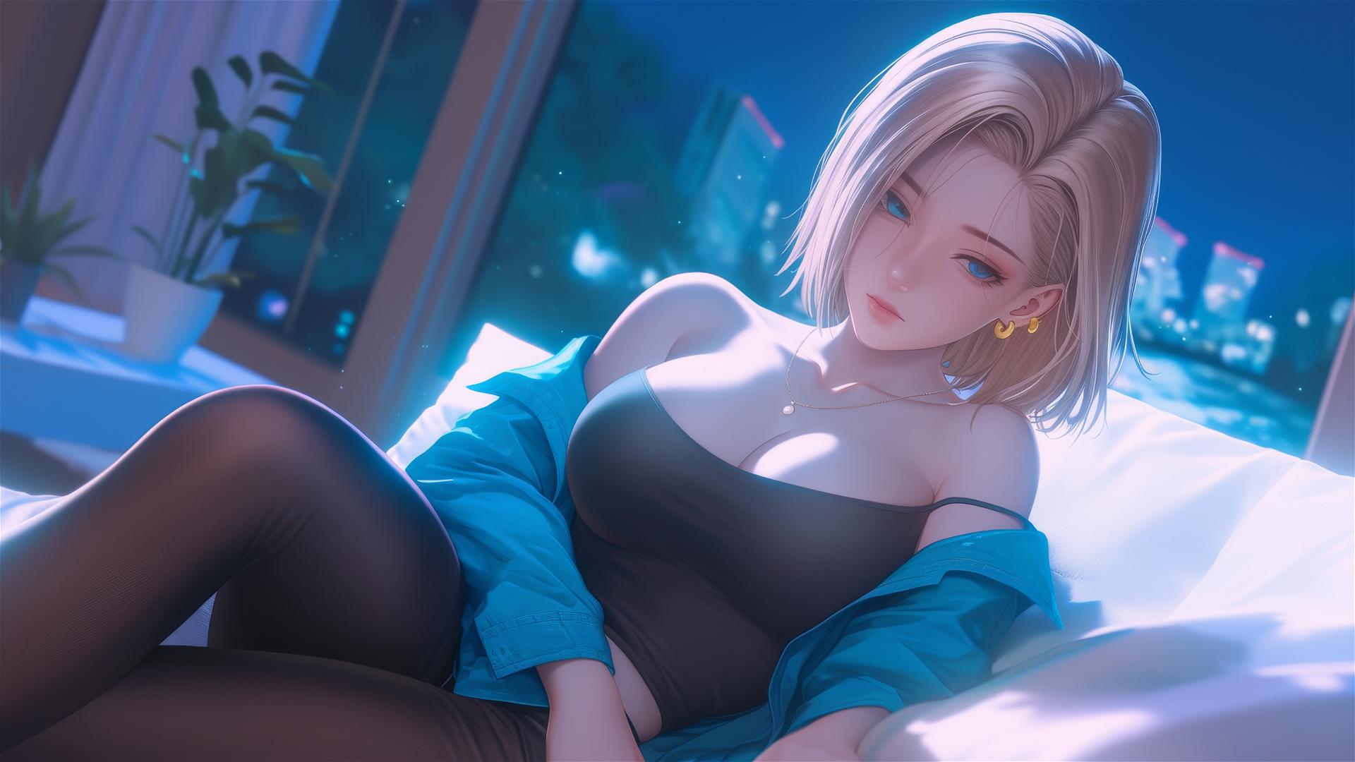 Android 18 resting in a modern hotel room with moonlight glow