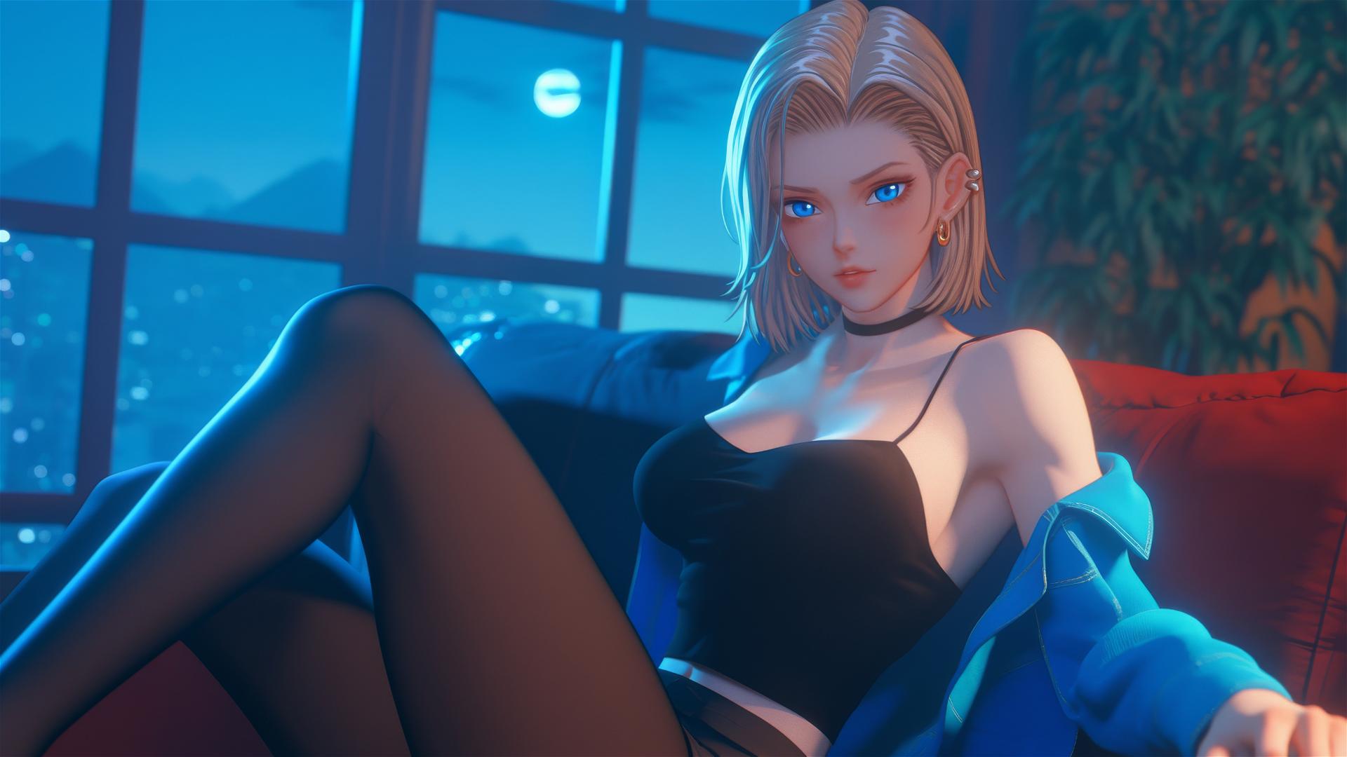 Android 18 resting in a modern hotel room with moonlight glow