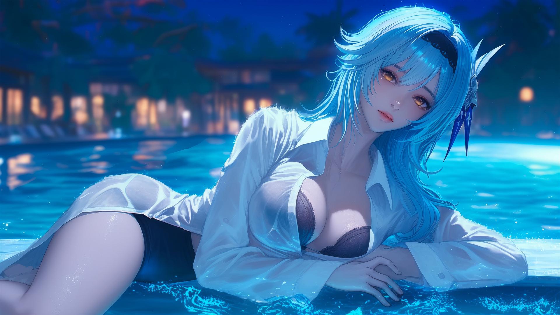 Eula Lawrence from Genshin Impact, in white office shirt, resting at rainy pool under moonlight.