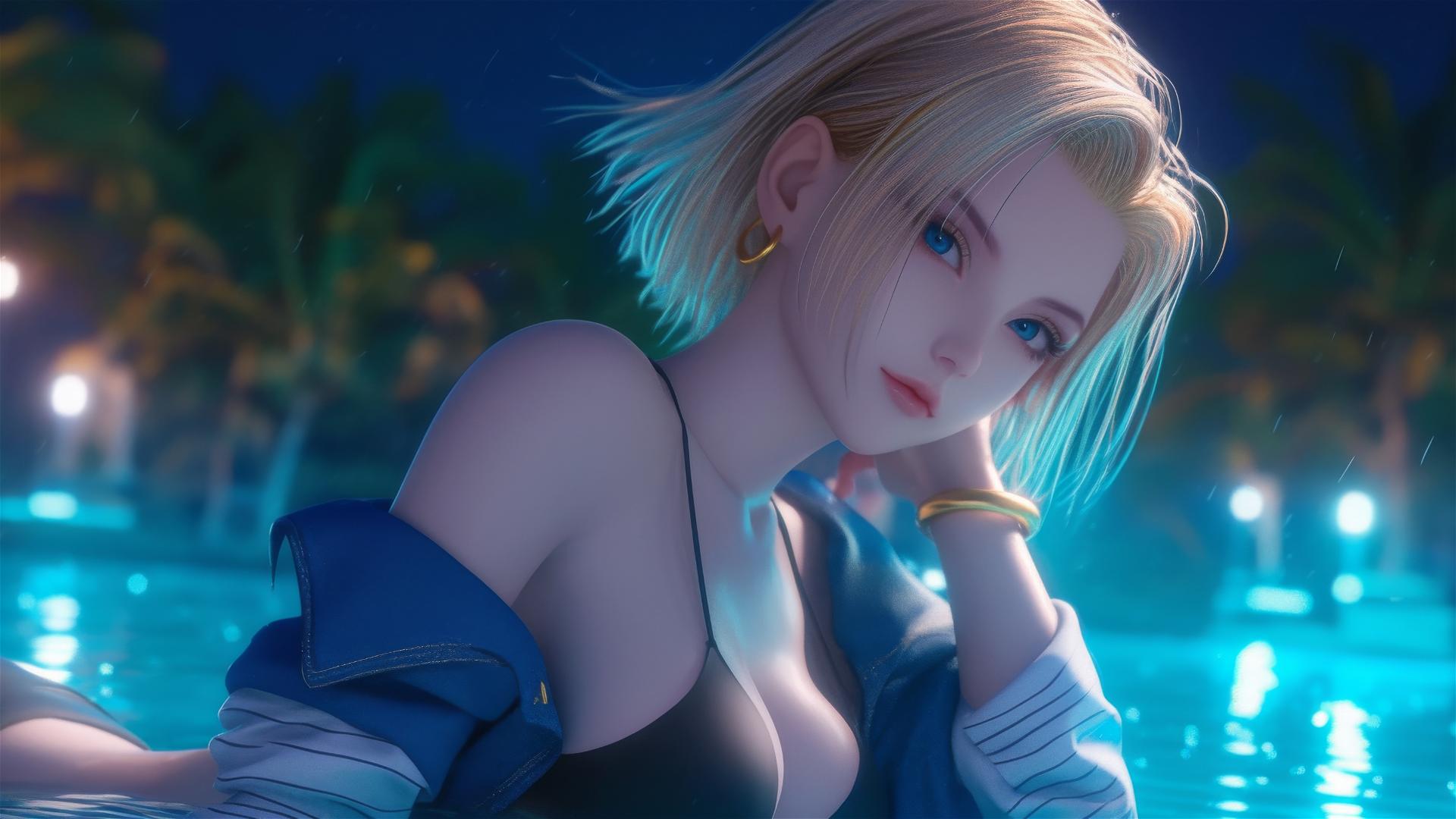 Android 18 resting by a rainy swimming pool with moonlight glow