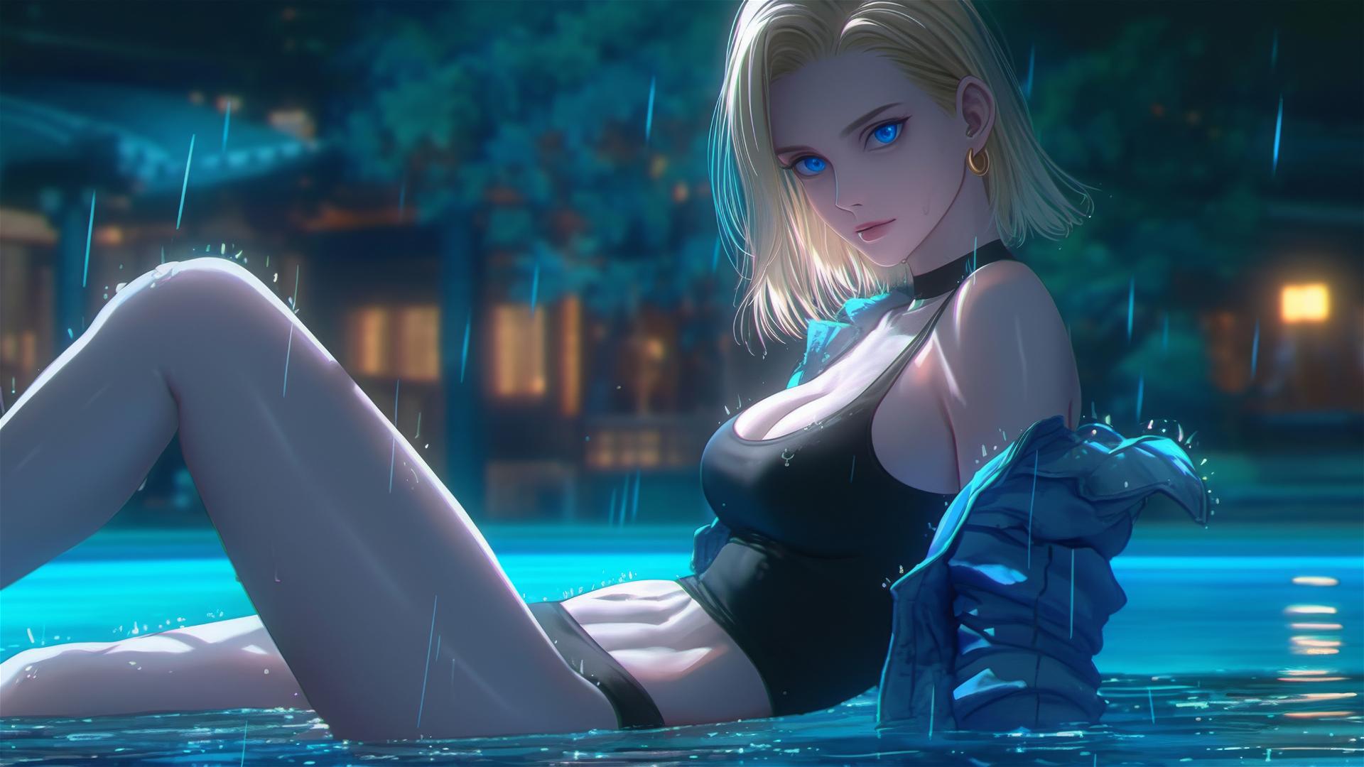 Android 18 resting by a rainy pool under moonlight