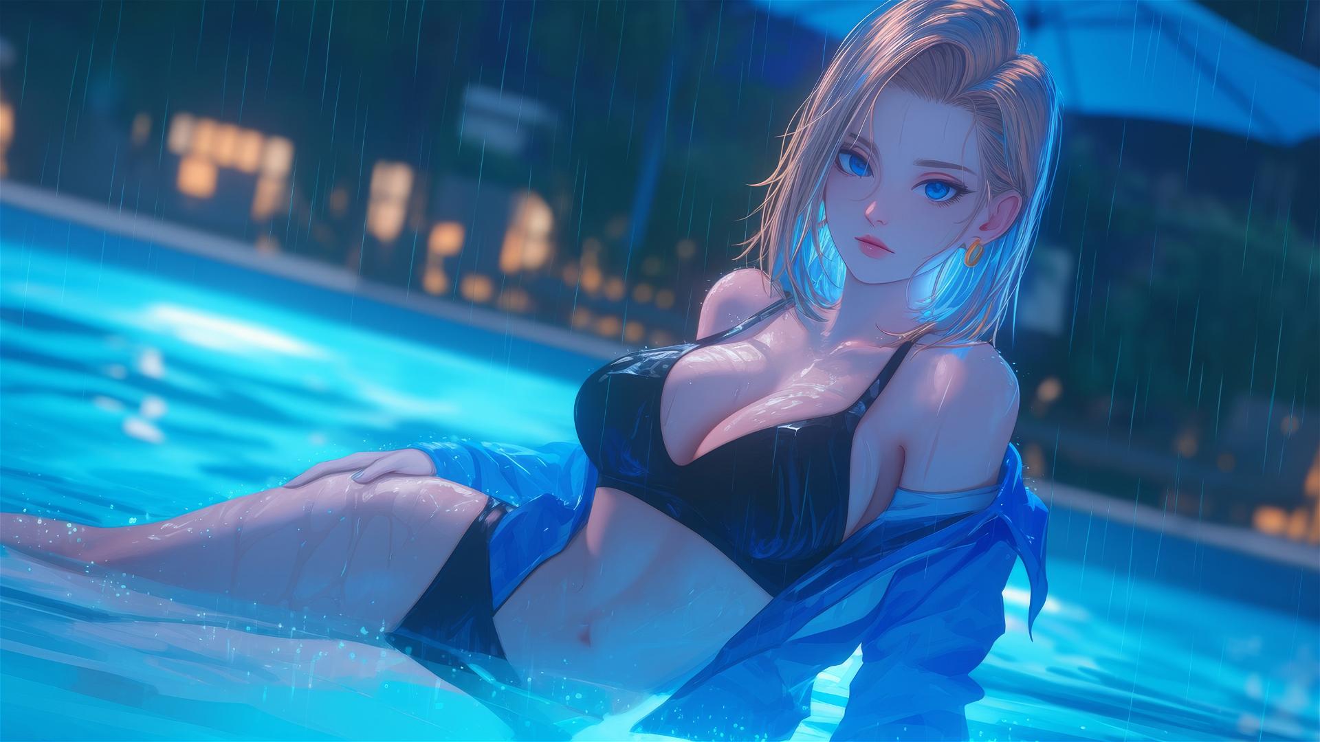 Android 18 from Dragon Ball by a rainy swimming pool under moonlight